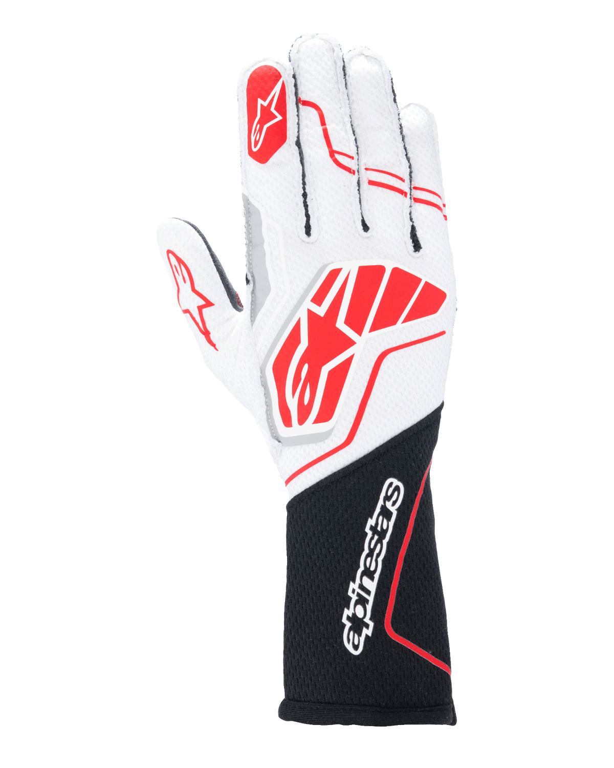 Rękawice Alpinestars Tech-1 ZX V4, rękawice wyścigowe, białe i czarne z czerwonymi akcentami, teksturowana tkanina o strukturze plastra miodu z zewnętrznymi szwami, duże czerwone logo na wierzchu dłoni, czarna przedłużona sekcja nadgarstka z białym napisem Alpinestars