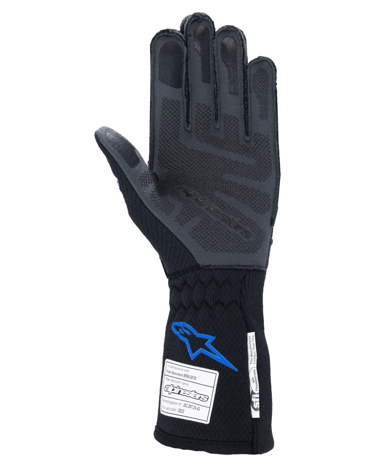 Rękawice Alpinestars Tech-1 ZX V4, samochodowe rękawice wyścigowe, czarno-niebieskie, widok od strony dłoni z szarą silikonową technologią chwytu 3D, z certyfikatami FIA i SFI na mankiecie, profesjonalna ochrona w sportach motorowych
