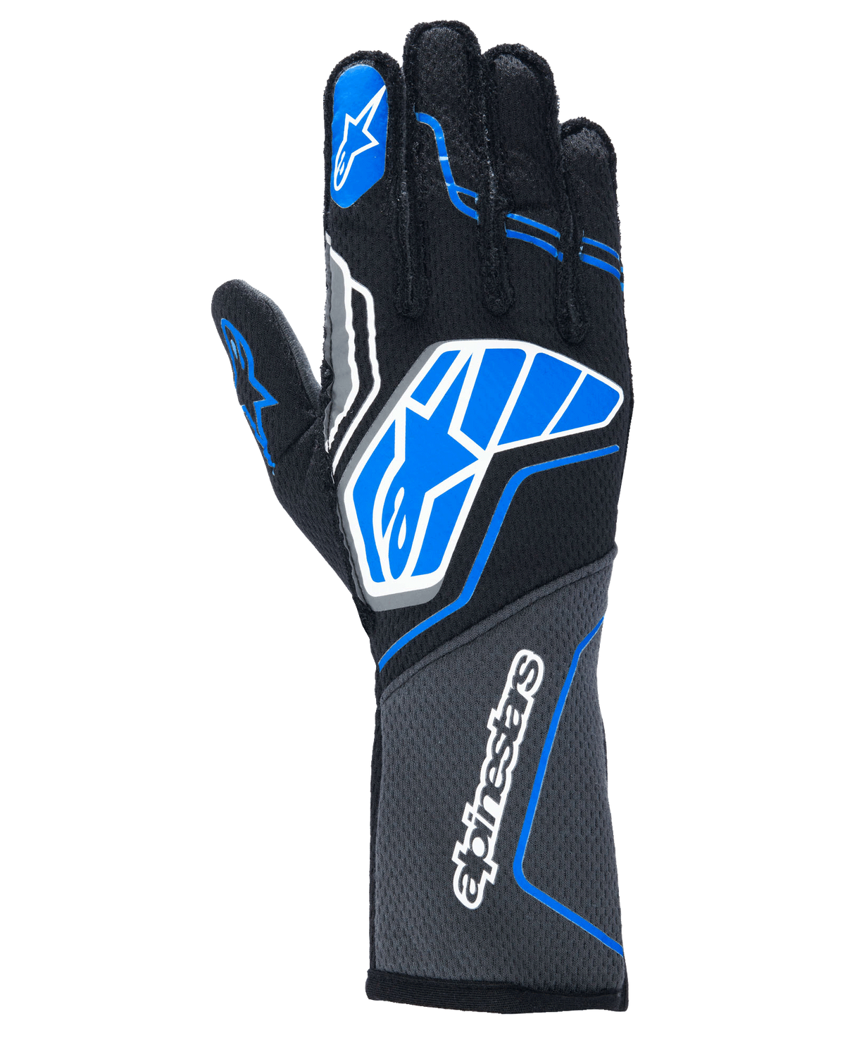 Rękawice Alpinestars Tech-1 ZX V4, samochodowe rękawice wyścigowe, czarne z niebieskimi i szarymi akcentami, białe logo gwiazdy i napis Alpinestars, konstrukcja z tkaniny o strukturze plastra miodu, profesjonalny sprzęt do sportów motorowych
