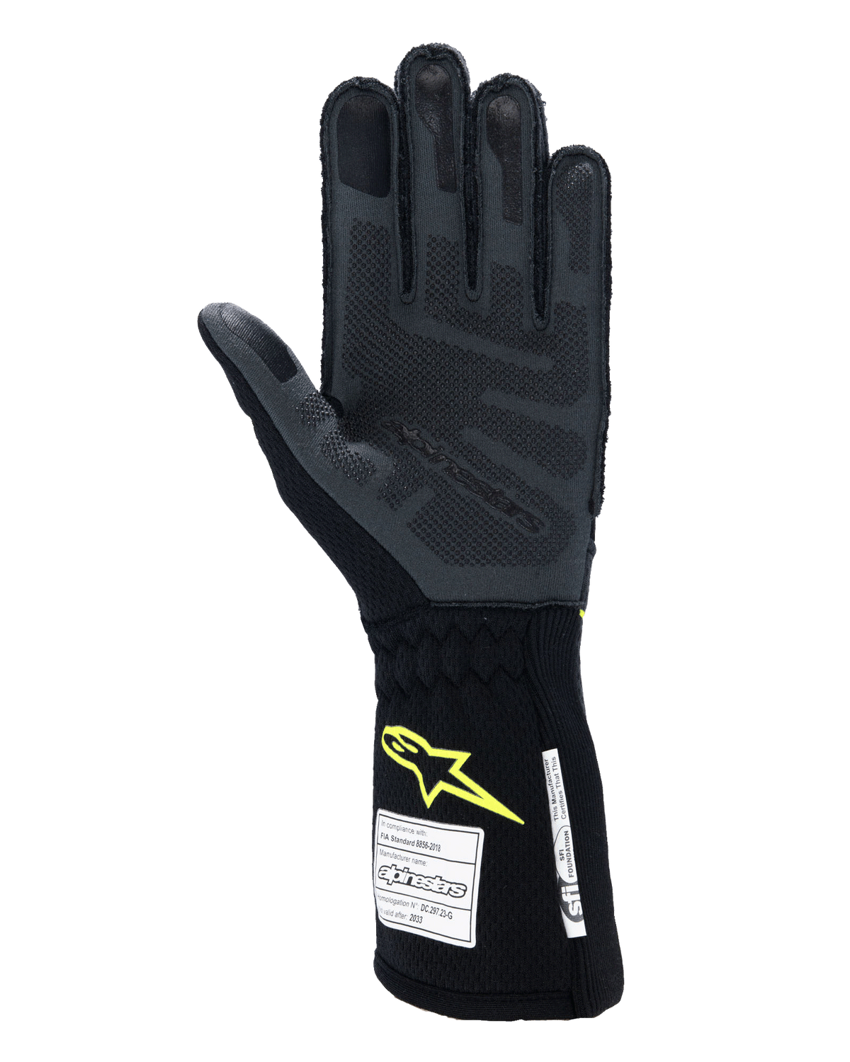 Alpinestars Tech-1 ZX V4 Gloves, Auto Racing Gloves, Tar Gray and Black with Yellow Fluo logo, palm view showing textured 3D silicone grip and FIA/SFI safety certification labels, professional motorsport equipment