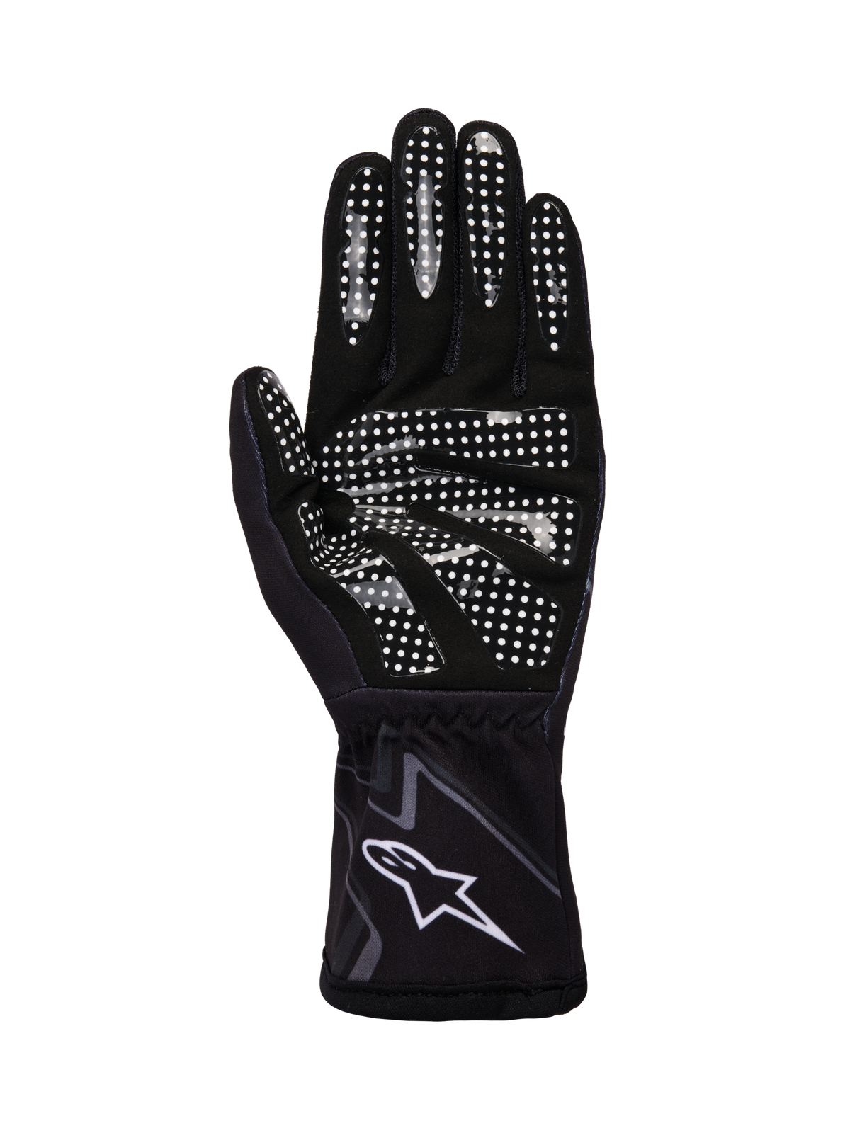 Alpinestars Tech-1 K Race V2 Gloves Graphic 1, Karting Gloves, Black Tar Gray and White, palm view showing white silicone grip pattern and Alpinestars logo on the wrist cuff.