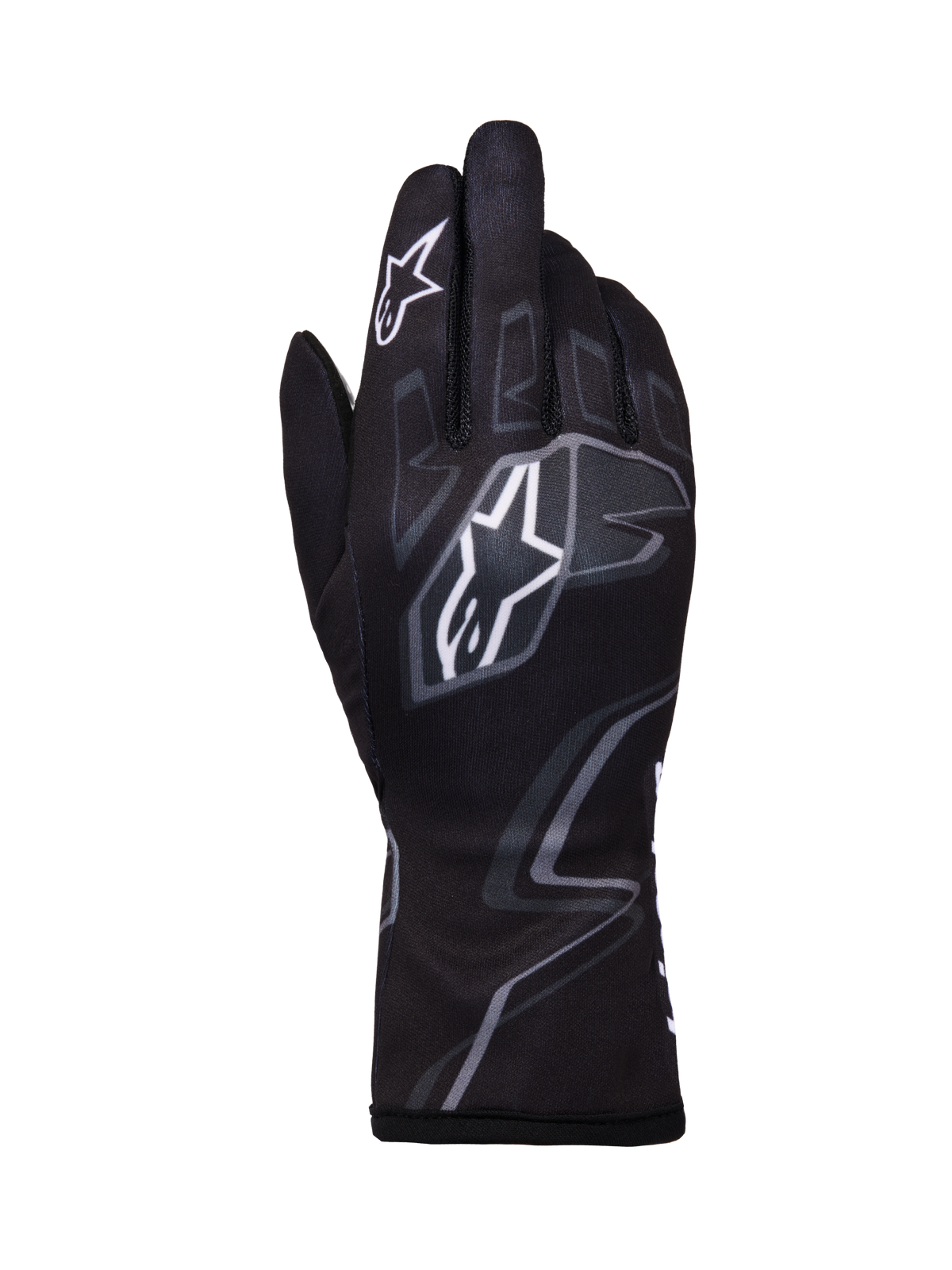 Alpinestars Tech-1 K Race V2 Gloves Graphic 1, Karting Racing Gloves, Black with white and gray geometric patterns, featuring Alpinestars star logo, lightweight textile construction with printed graphics