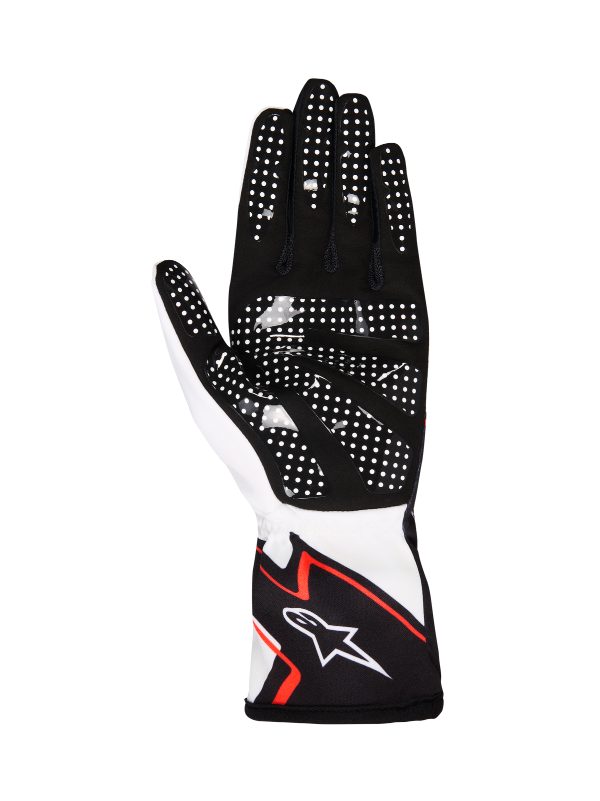 Rękawice Alpinestars Tech-1 K Race V2 Graphic 1, rękawice kartingowe, białe, czarne i jaskrawopomarańczowe, widok od strony dłoni z czarnym syntetycznym zamszem i białymi silikonowymi kropkami, ergonomiczny design z logo Alpinestars na mankiecie
