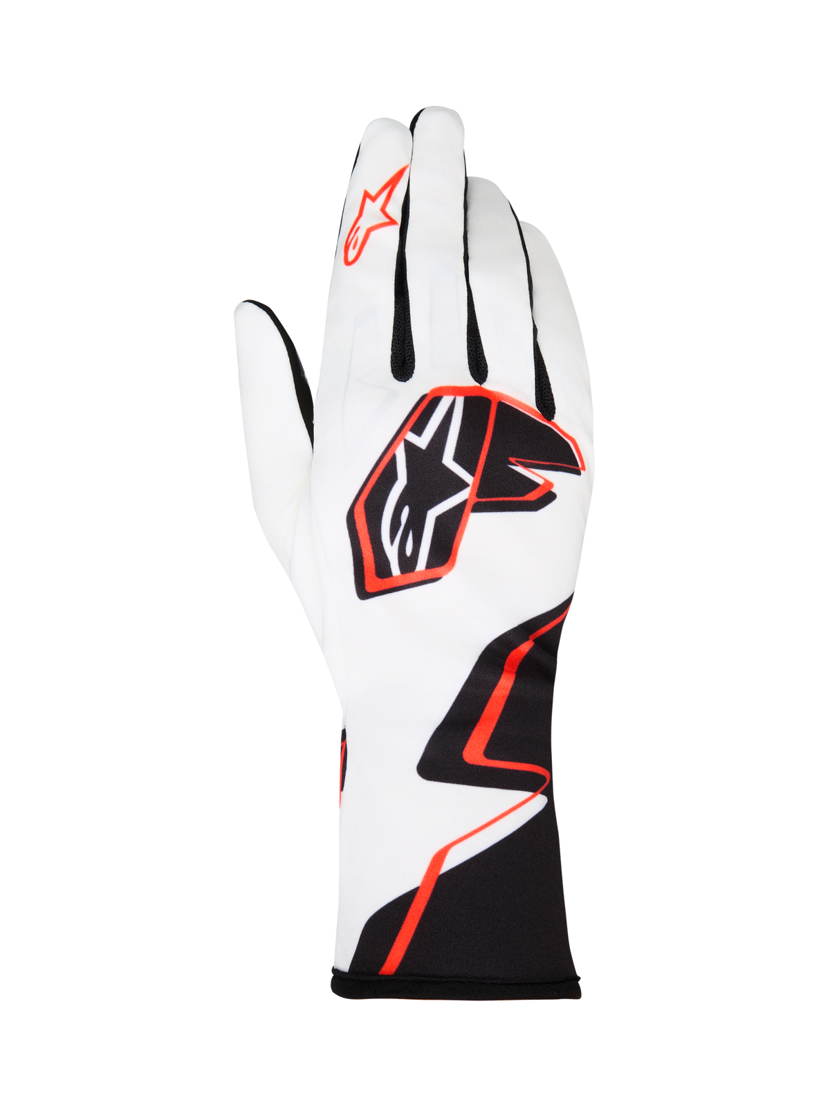 Alpinestars Tech-1 K Race V2 Gloves Graphic 1, rękawice kartingowe, białe z czarnym i jaskrawopomarańczowym wzorem geometrycznym, logo gwiazdy na wierzchu i palcu wskazującym, lekki oddychający materiał, przedłużony mankiet