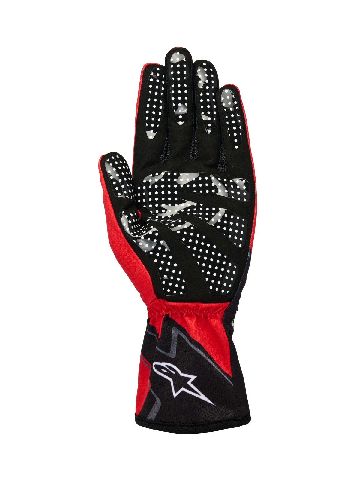 Alpinestars Tech-1 K Race V2 Gloves Graphic 1, rękawice kartingowe, czerwono-czarno-białe, widok od strony dłoni z białym silikonowym wzorem kropek dla lepszego chwytu, materiał z syntetycznego zamszu, elastyczny mankiet z białym logo