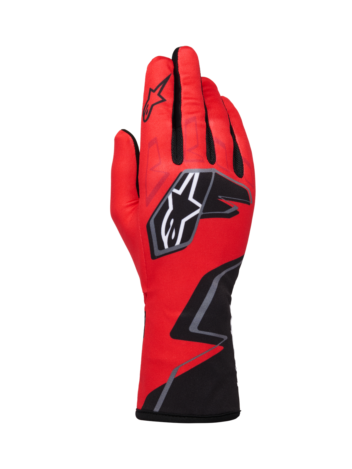 Alpinestars Tech-1 K Race V2 Gloves Graphic 1, Karting Racing Gloves, Red with Black and White accents, featuring bold star logo and geometric zigzag design on the wrist, lightweight textile construction for motorsport