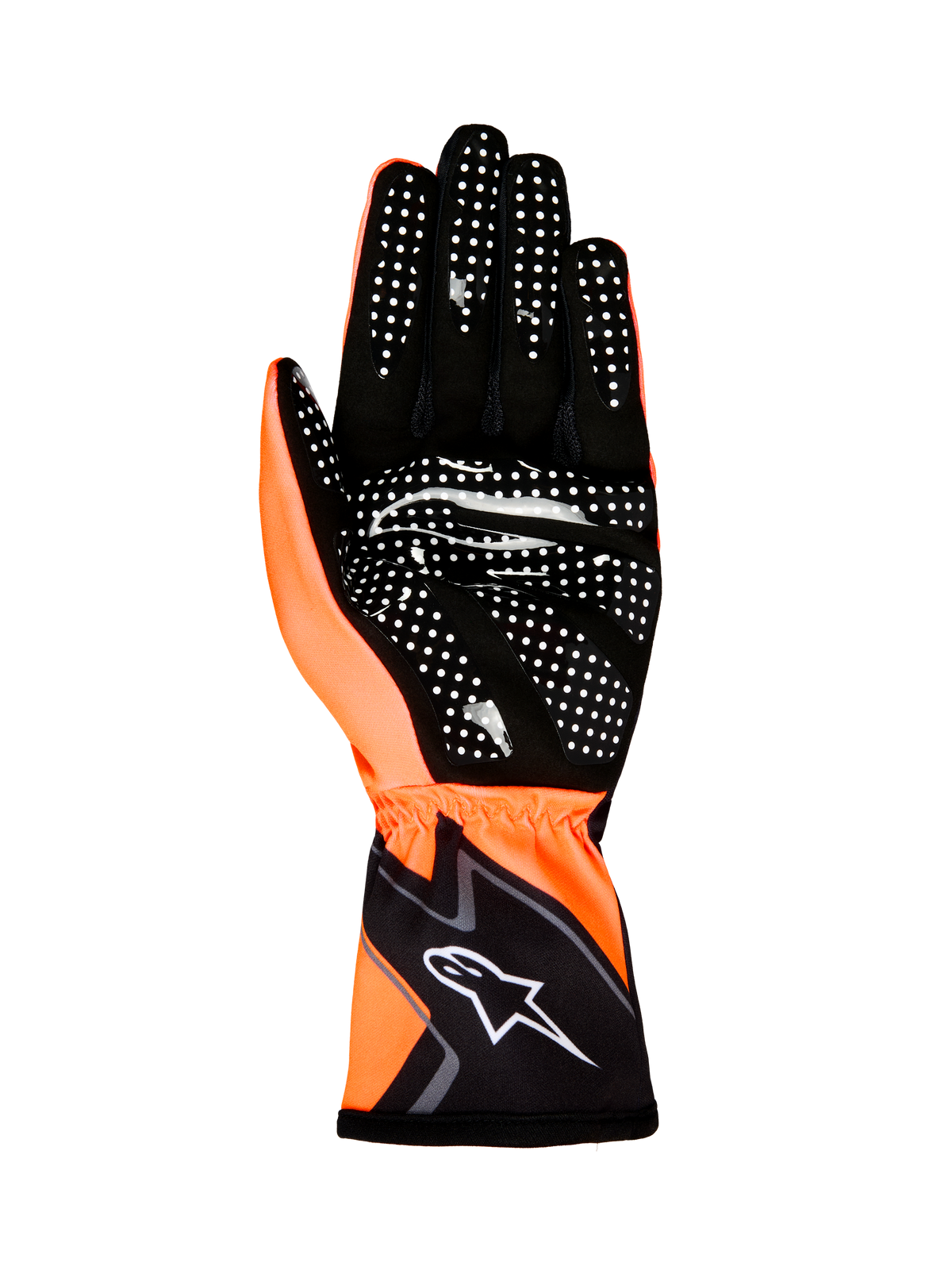 Alpinestars Tech-1 K Race V2 Gloves Graphic 1, rękawice kartingowe, pomarańczowy fluo i czarny, widok od strony dłoni pokazujący biały silikonowy wzór przyczepny i logo Alpinestars na mankiecie
