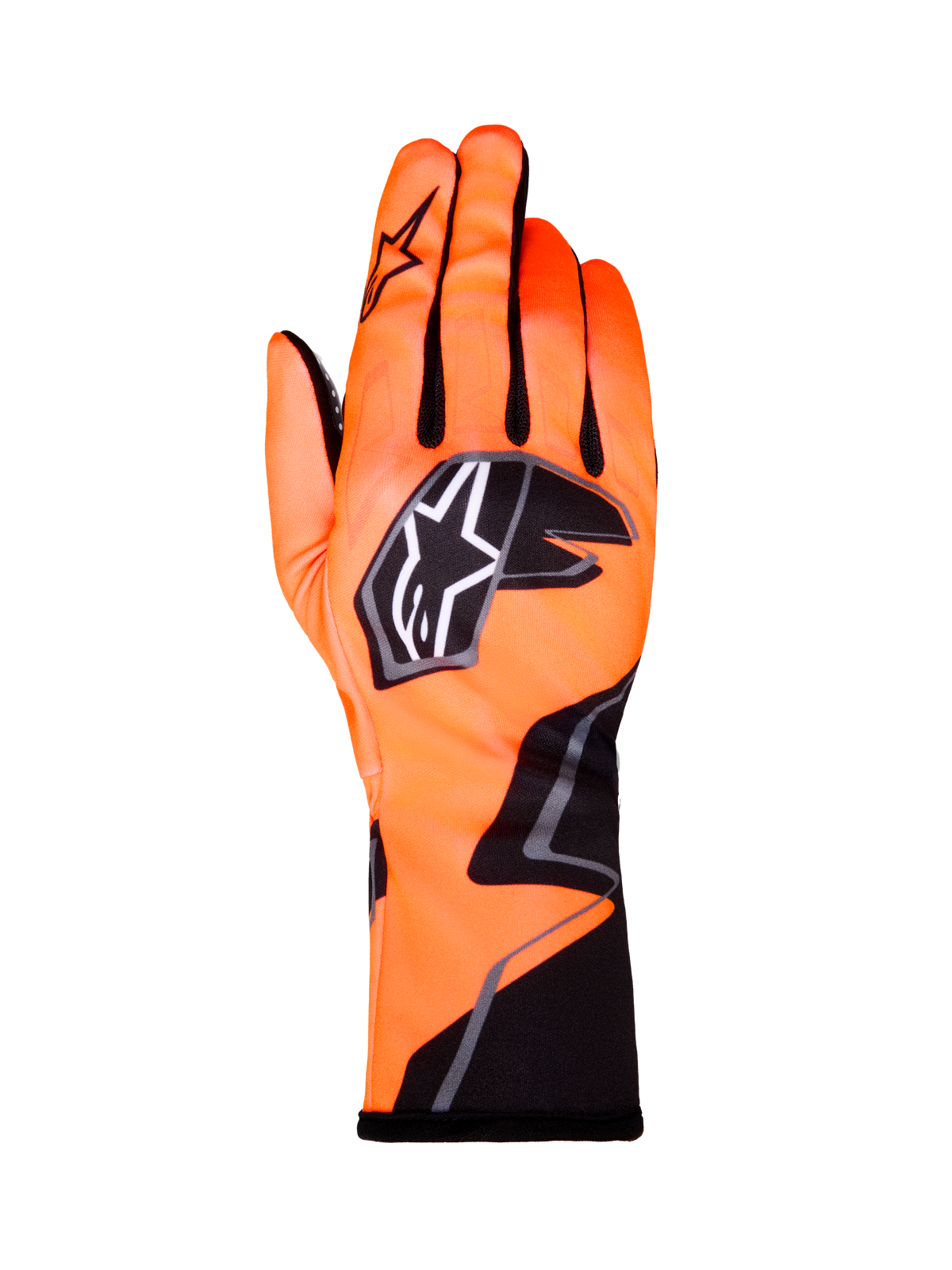 Alpinestars Tech-1 K Race V2 Graphic 1, rękawice kartingowe, jaskrawopomarańczowe z czarnymi i białymi akcentami, widok z tyłu lewej rękawicy, wyraźne logo gwiazdy, dopasowana konstrukcja tekstylna z geometrycznymi grafikami