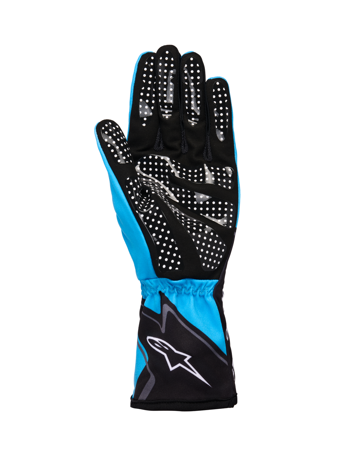 Alpinestars Tech-1 K Race V2 Gloves Graphic 1, rękawice kartingowe, cyjanowe, czarne i białe, dłoń z syntetycznego zamszu z białym silikonowym wzorem w kropki poprawiającym chwyt, elastyczny mankiet z białym logo Alpinestars, lekka oddychająca konstrukcja do sportów motorowych