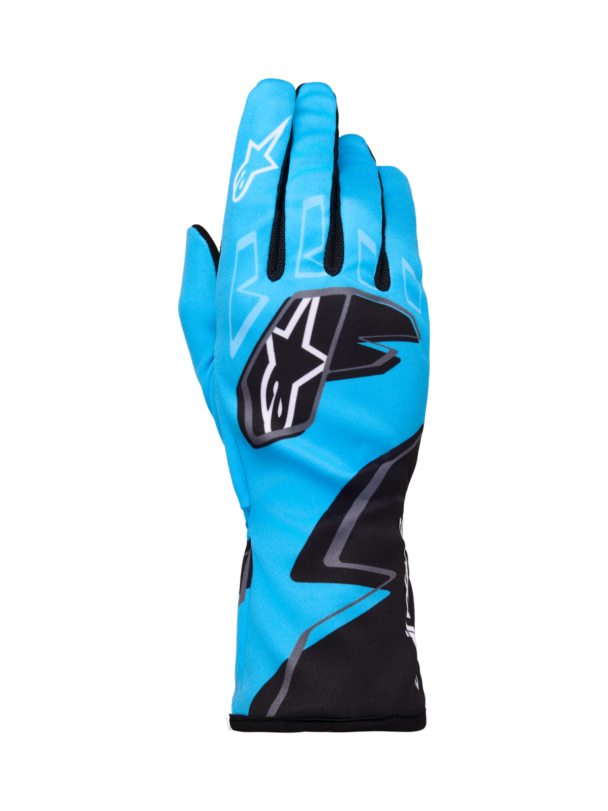 Alpinestars Tech-1 K Race V2 Gloves Graphic 1, rękawice kartingowe, niebieskie (cyan), czarne i białe, wyraziste wzory geometryczne, białe logo gwiazdy Alpinestars na kostkach, przedłużony mankiet, lekki i oddychający materiał zapewniający wydajność w kartingu