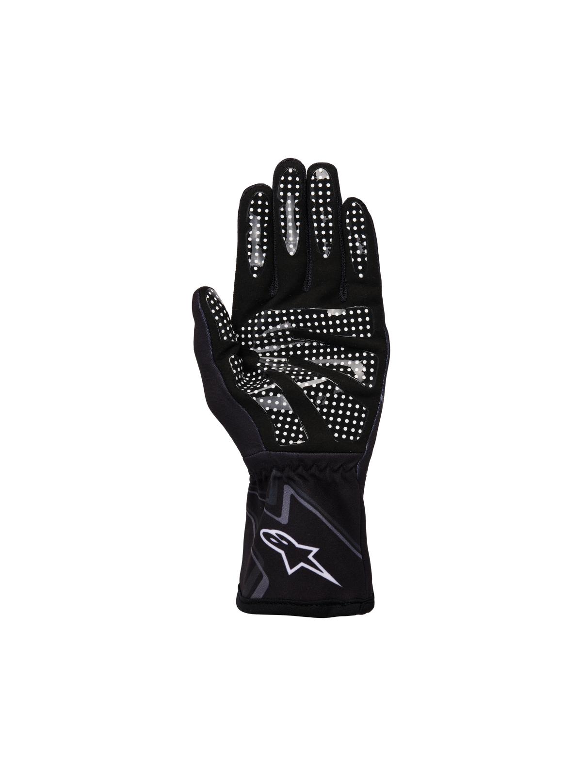 Alpinestars Youth Tech-1 K Race S V2 Graphic 1 Gloves, Black Tar Gray and White, palm view featuring white silicone grip pattern on fingers and palm, synthetic suede construction, white A-star logo on elasticated cuff