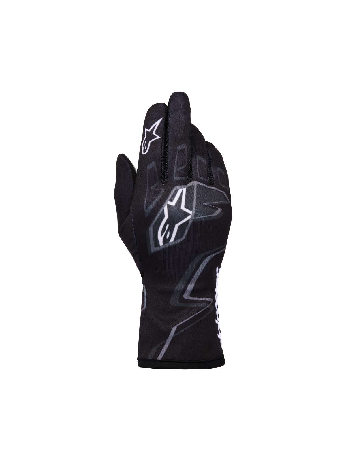Alpinestars Youth Tech-1 K Race S V2 Graphic 1 Gloves, Youth Karting Gloves, Black Tar Gray and White, featuring bold white Astar logos and gray flame-inspired graphics, lightweight textile construction with a secure elasticated cuff