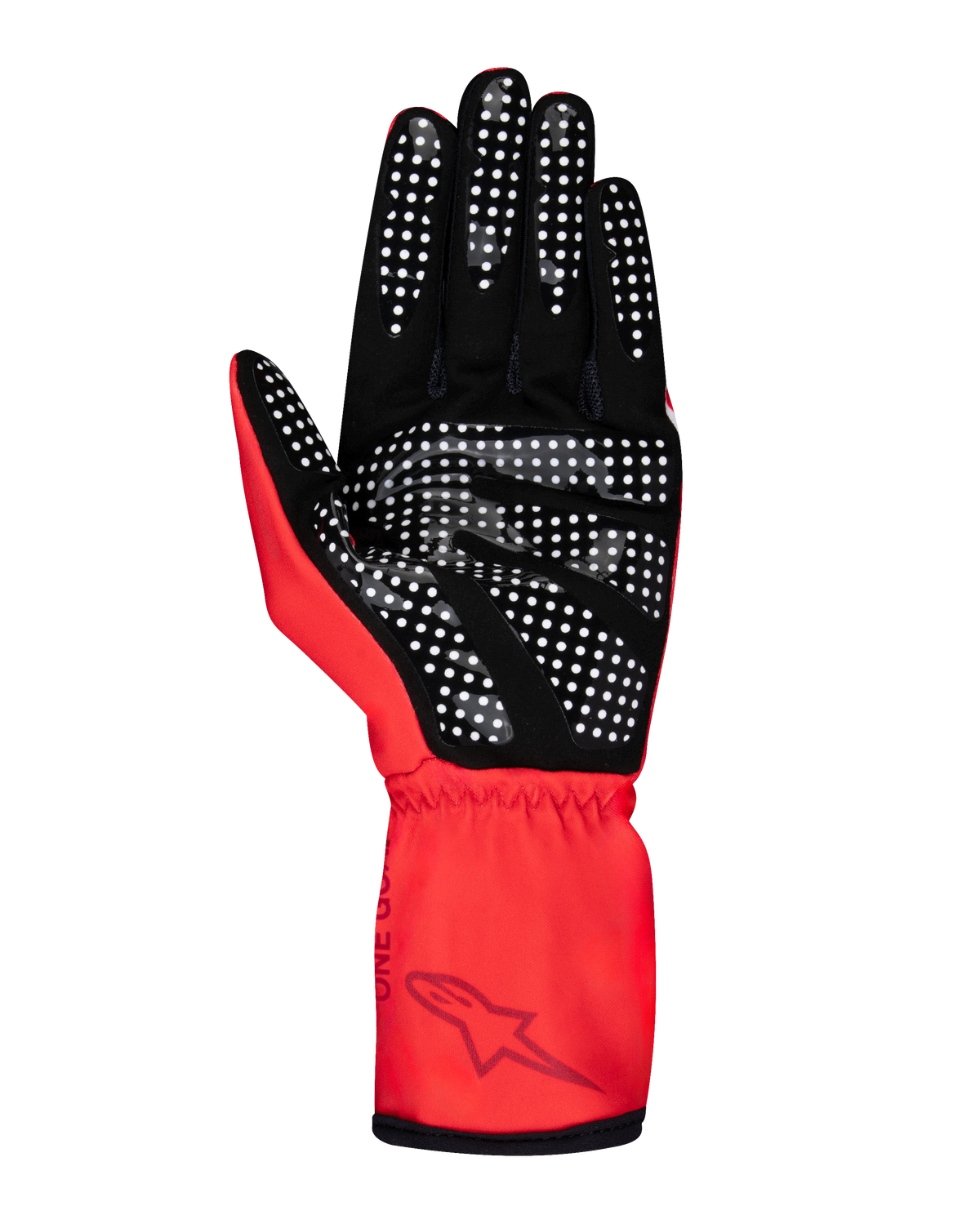 Alpinestars Youth Tech-1 K Race S V2 Pure Gloves, młodzieżowe rękawice kartingowe, czerwone, widok od strony dłoni prezentujący biały silikonowy kropkowany wzór na czarnym syntetycznym zamszu, elastyczny nadgarstek z logo Alpinestars