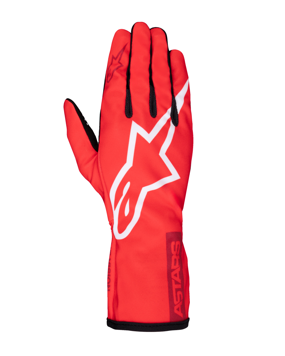 Alpinestars Youth Tech-1 K Race S V2 Pure, młodzieżowe rękawice kartingowe, intensywnie czerwone z dużym białym logo gwiazdy Alpinestars, czarne akcenty na palcach i mankiecie, lekka konstrukcja z siatki poliestrowej, widok z góry na wierzch rękawicy