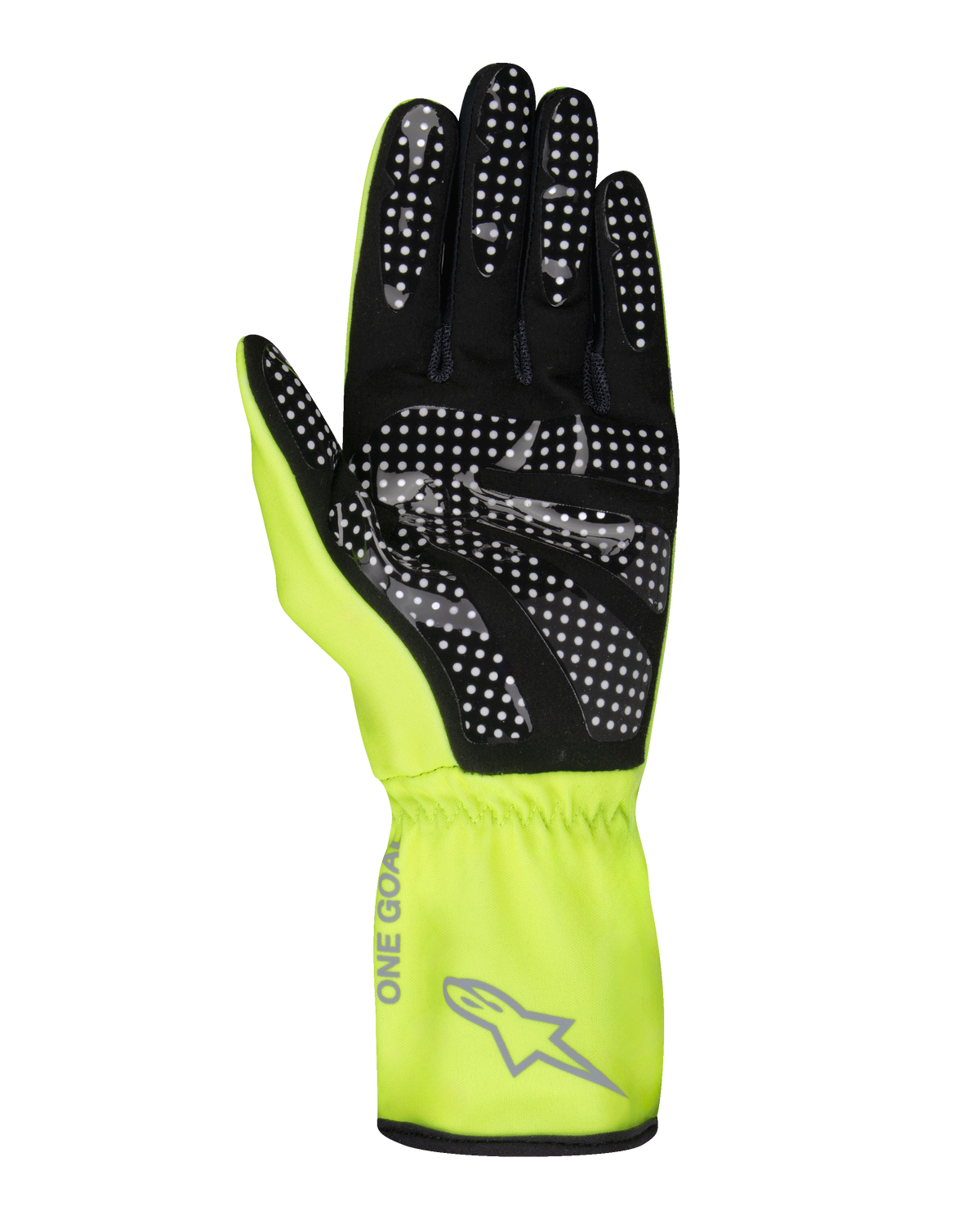 Alpinestars Youth Tech-1 K Race S V2 Pure Gloves, Karting Gloves, Yellow Fluo and Black, palm view showing silicone dot pattern for grip, synthetic suede material, bright yellow gauntlet cuff with grey Alpinestars logo and elasticated wrist.