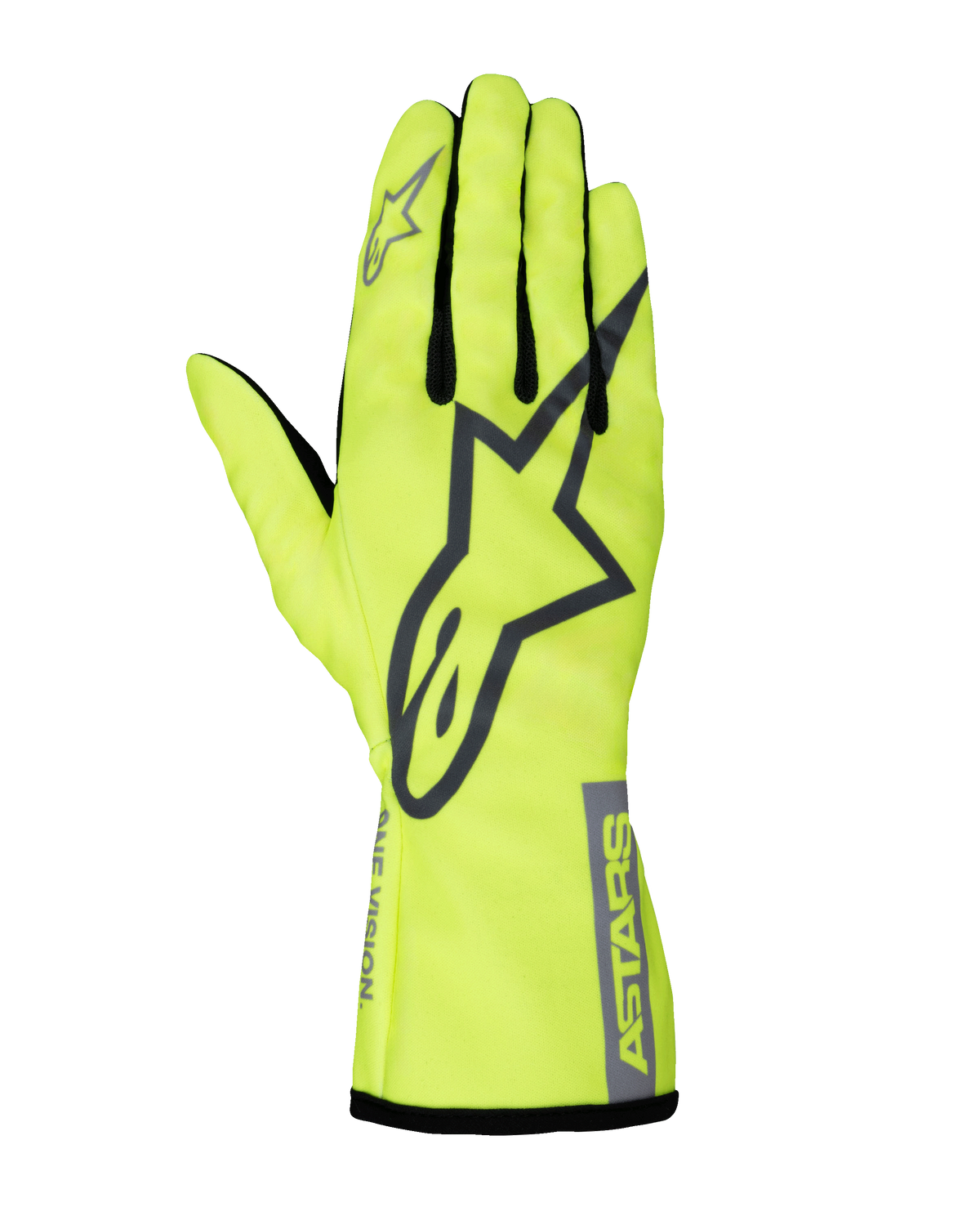 Alpinestars Youth Tech-1 K Race S V2 Pure Gloves, Karting Racing Gloves, Fluorescent Yellow and Gray, featuring a large A-star logo on the back of the hand, ASTARS branding on the cuff, and mesh finger gussets.