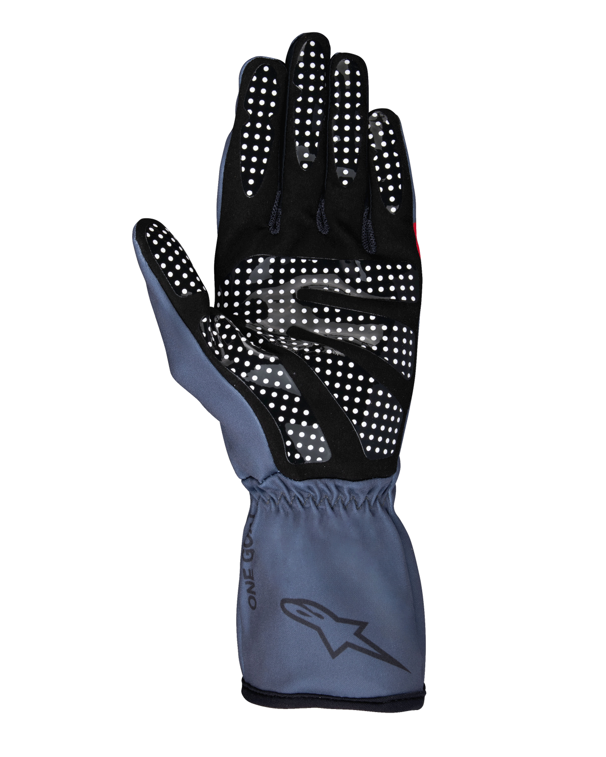 Alpinestars Tech-1 K Race V2 Pure Gloves, rękawice kartingowe, kolor asfaltowy i czarny, widok od strony dłoni z białym silikonowym wzorem chwytnym, ergonomiczny design z długim mankietem i brandingiem Alpinestars