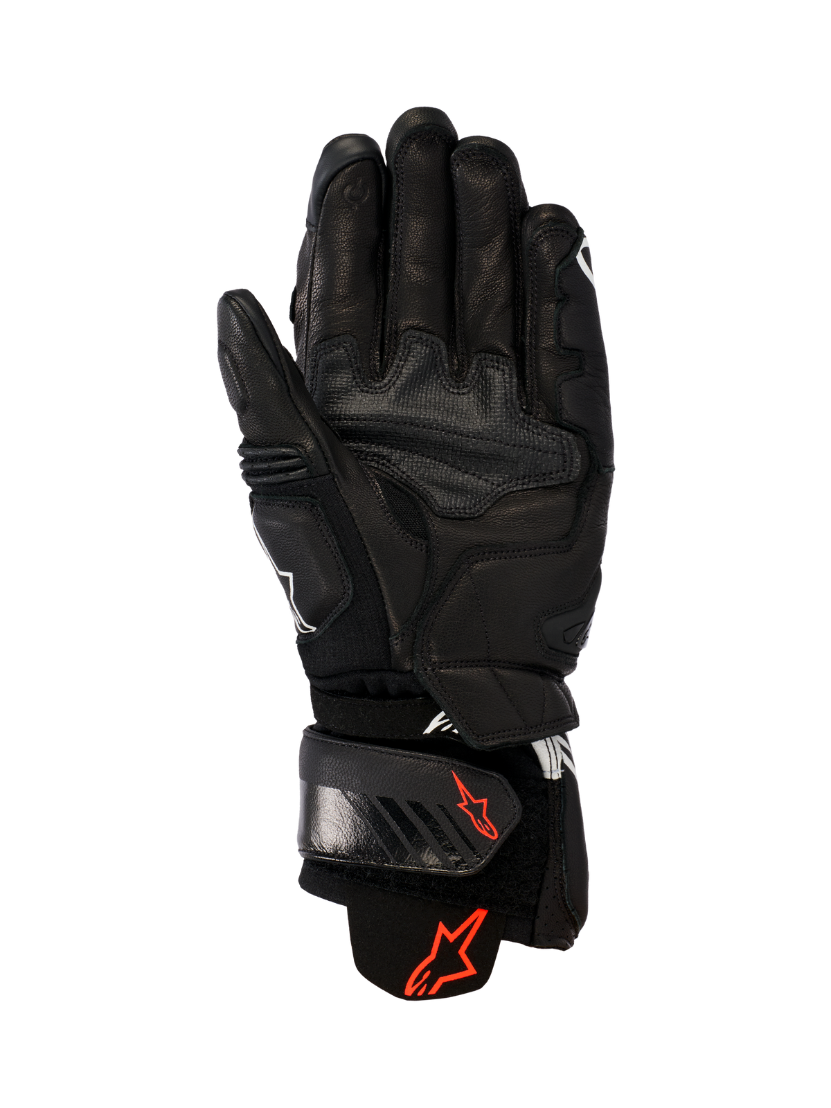 Skórzane rękawice Alpinestars GP Plus R V3, czarne, widok od strony dłoni pokazujący trwałą skórzaną konstrukcję, czerwone logo Astars na pasku nadgarstka i mankiecie, wzmocnione panele chwytne, regulowane zapięcie do jazdy wyścigowej i sportowej.