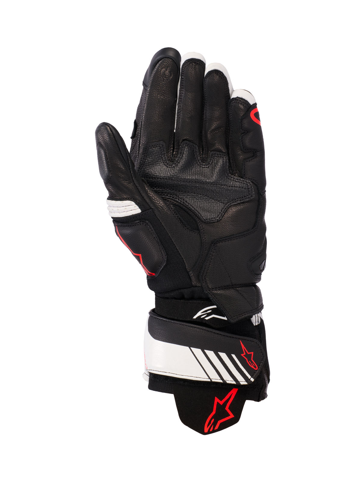 Alpinestars GP Plus R v3 Leather Gloves, czarno-biało-czerwone Fluo, widok wewnętrznej strony dłoni prezentujący pełną skórzaną konstrukcję ze wzmocnioną wyściółką, biały pasek na nadgarstku z czerwonym logo Alpinestars, wyścigowy sprzęt ochronny dla motocyklistów