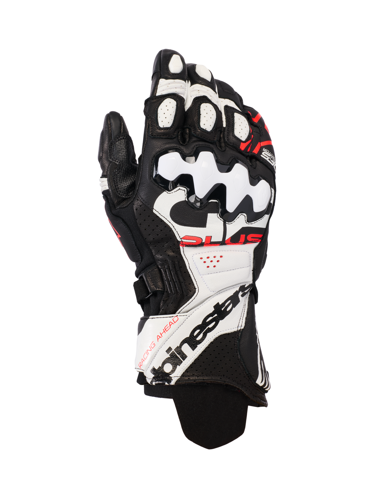 Alpinestars GP Plus R V3 Leather Gloves, motocyklowe rękawice wyścigowe, czarne, białe i czerwone fluo, skórzana konstrukcja premium z twardą ochroną kostek TPU, perforowane panele wentylacyjne, wyraźne logo na przedłużonym mankiecie