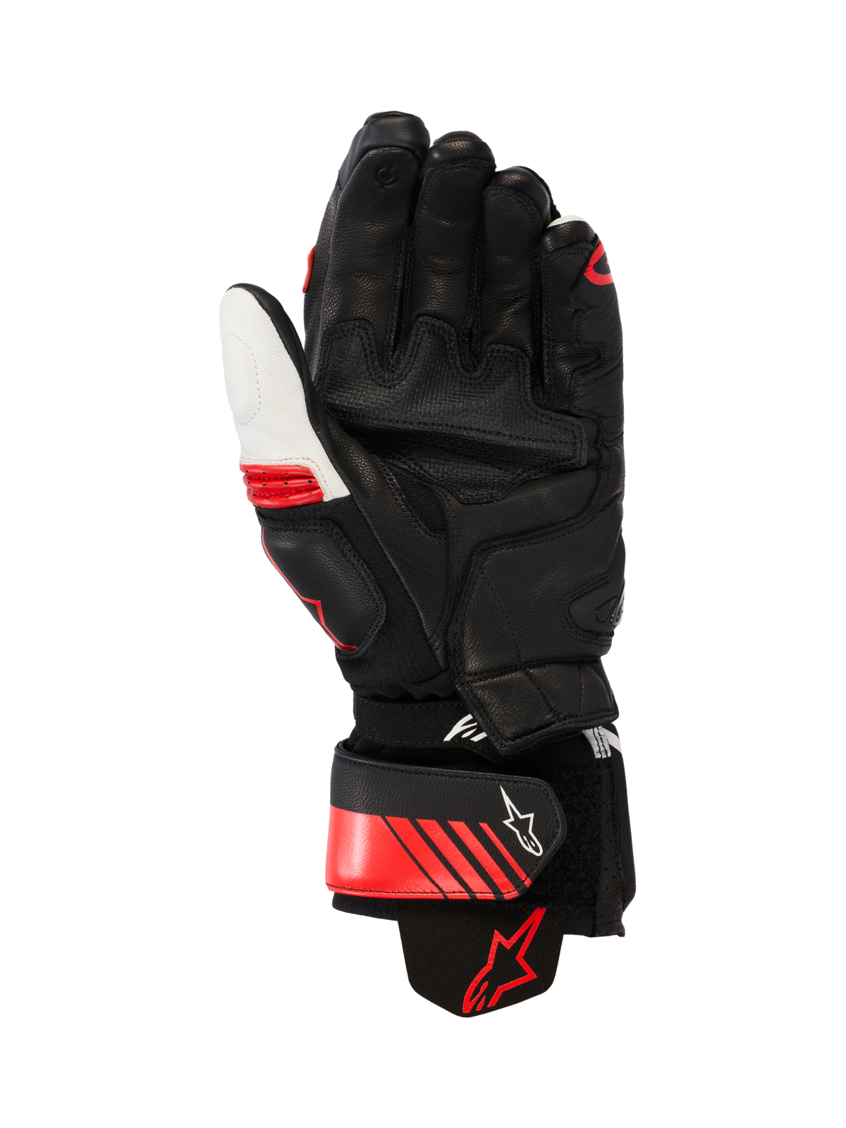 Rękawice skórzane Alpinestars GP Plus R V3, sportowe rękawice motocyklowe, czarne, białe i jaskrawoczerwone, widok od strony dłoni prezentujący wzmocnioną konstrukcję skórzaną, ślizgacze dłoni i aramidowy elastyczny mankiet, z bezpiecznym zapięciem na nadgarstku z logo Alpinestars oraz ergonomicznym, zakrzywionym krojem.