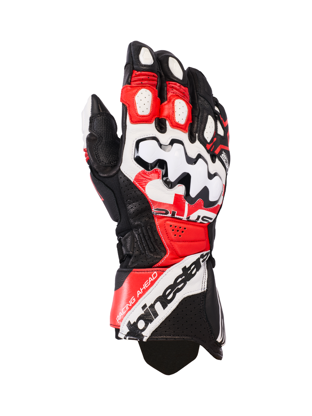 Alpinestars GP Plus R V3 Leather Gloves, motocyklowe rękawice wyścigowe, czarne, białe i jaskrawoczerwone, duży biały ochraniacz kostek z czarnym wzorem fal, perforowane panele skórzane zapewniające wentylację, logo Alpinestars na mankiecie