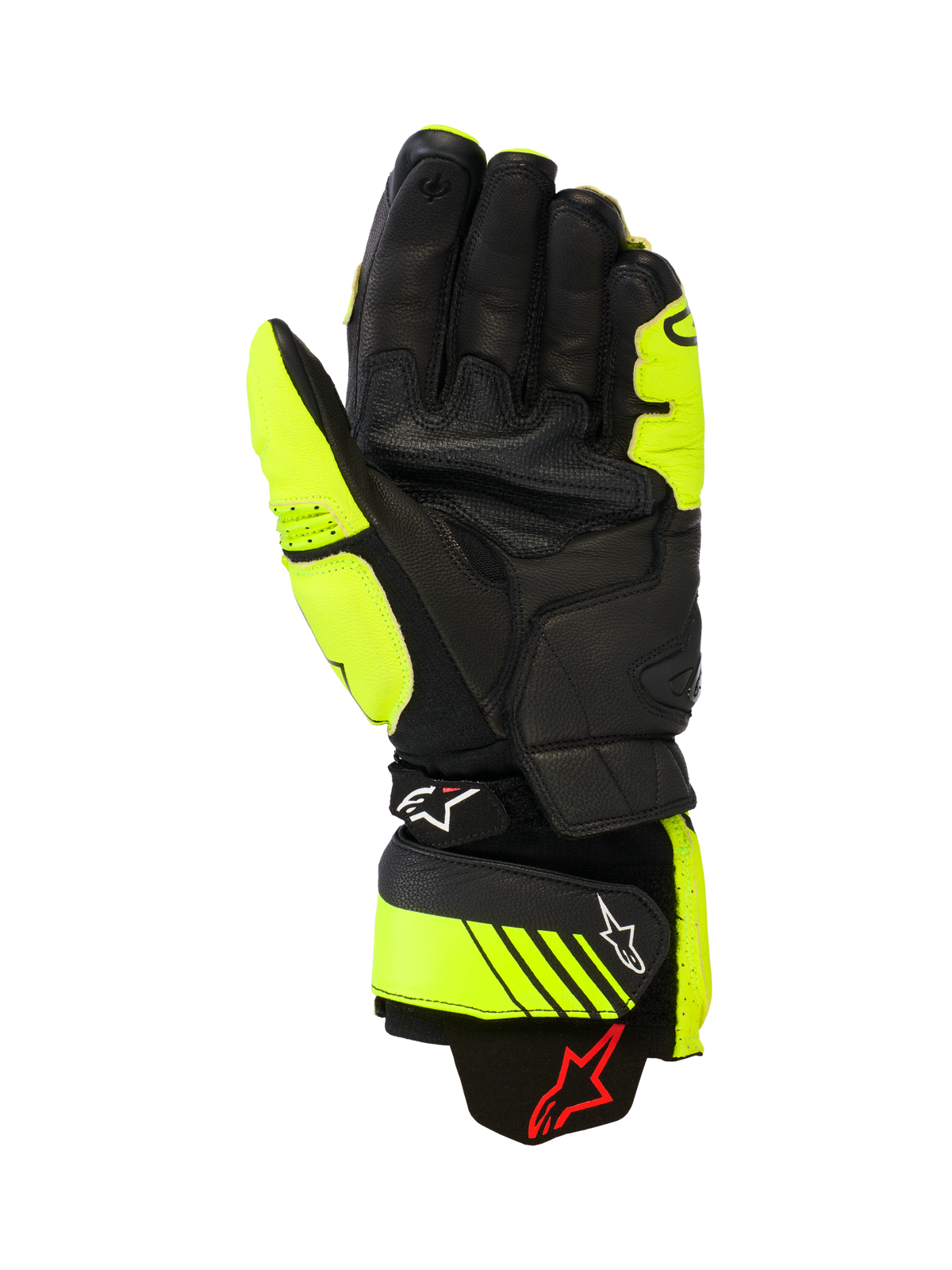 Skórzane rękawice Alpinestars GP Plus R V3, wyścigowe i sportowe rękawice motocyklowe, żółte fluo i czarne, widok od strony dłoni przedstawiający skórzaną konstrukcję, wzmocnione strefy chwytu i regulowane paski mankietów z logo Alpinestars, wysokiej klasy sprzęt torowy