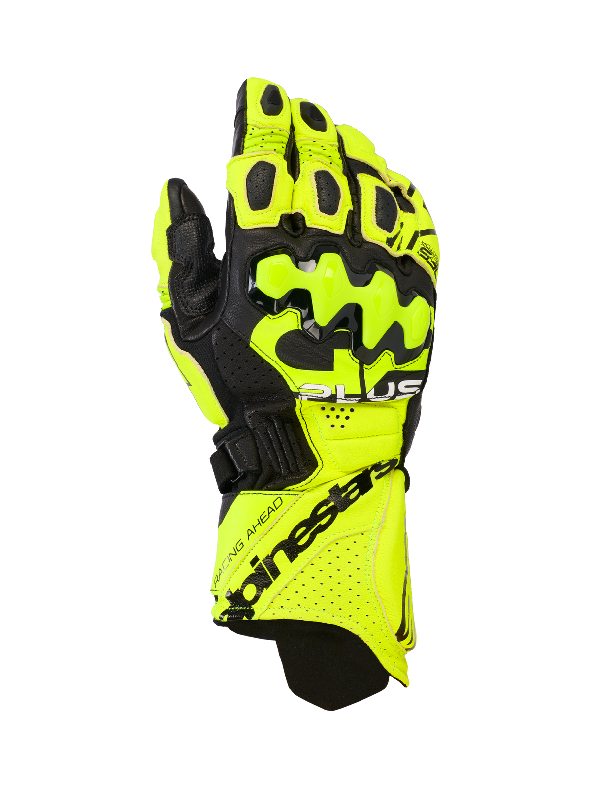 Alpinestars GP Plus R V3 Leather Gloves, skórzane rękawice motocyklowe wyścigowe, żółte fluo i czarne, twarde ochraniacze kostek, perforowane strefy wentylacji, bezpieczne zapięcie mankietu, wyraźny branding
