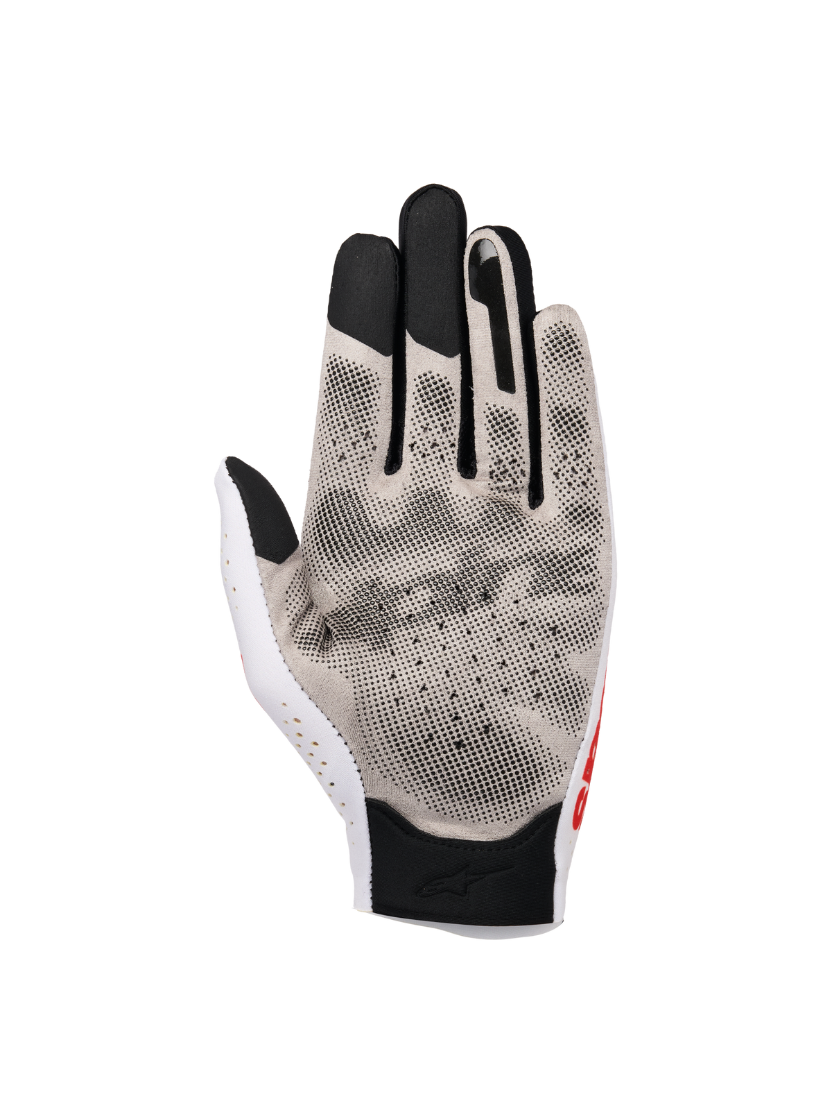 Alpinestars Sim Gloves Graphic 1, rękawice do wyścigów SIM, kolor Silver Ice Black i Red Tangerine, widok od strony dłoni z nadrukiem 3D i tkaniną Nanofront®, perforowana sekcja kciuka oraz czarne końcówki palców kompatybilne z ekranami dotykowymi dla lepszej wydajności w wirtualnych wyścigach.