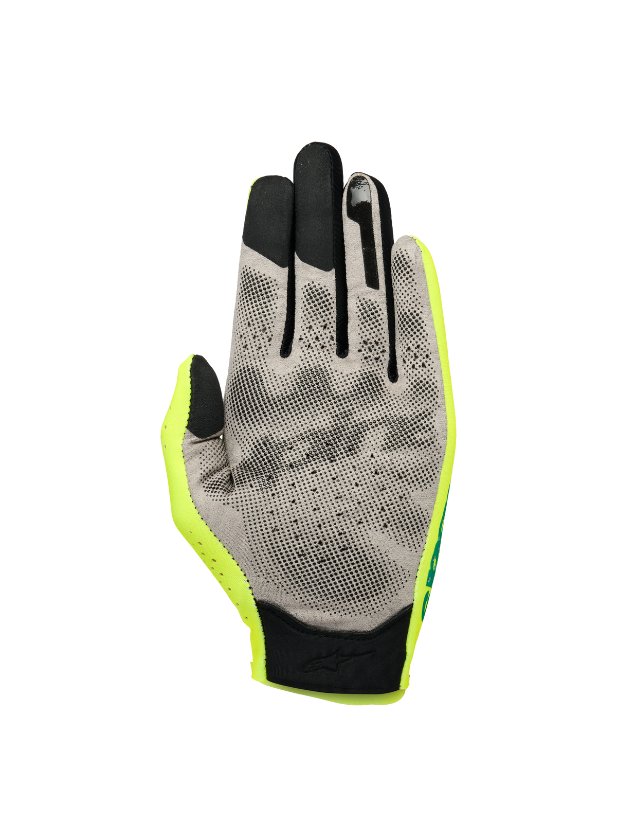 Alpinestars Sim Gloves Graphic 1, rękawice do wyścigów SIM, neonowy żółty, czarny i turkusowy, widok od strony dłoni prezentujący szary materiał Nanofront® z czarnym wzorem 3D dla lepszego chwytu, końcówki palców kompatybilne z ekranami dotykowymi, lekka konstrukcja tekstylna