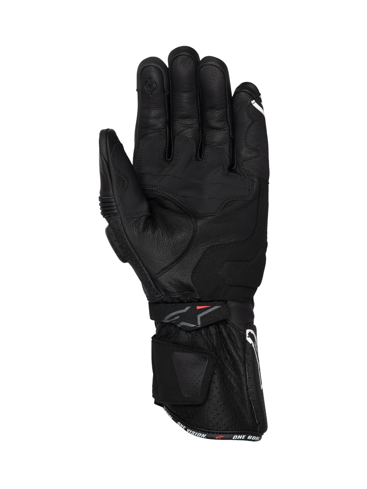 Rękawice Alpinestars SP-3, męskie rękawice motocyklowe wyścigowe, czarne, skórzane, widok wnętrza dłoni z długim mankietem, wzmocnionym chwytem i końcówką E-touch.