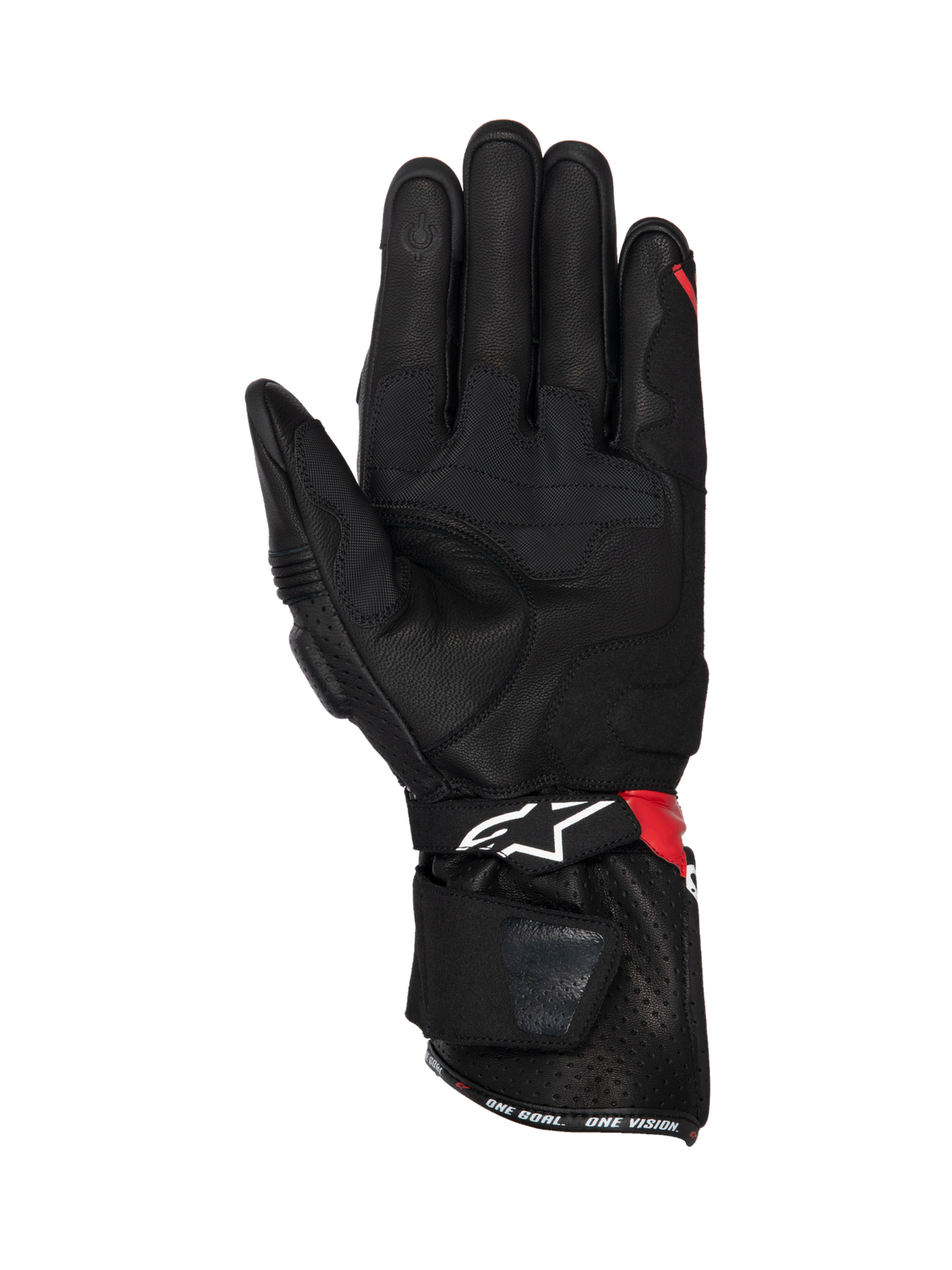 Alpinestars SP-3, męskie skórzane rękawice motocyklowe wyścigowe, czarne i czerwone, widok dłoni z wkładkami antypoślizgowymi