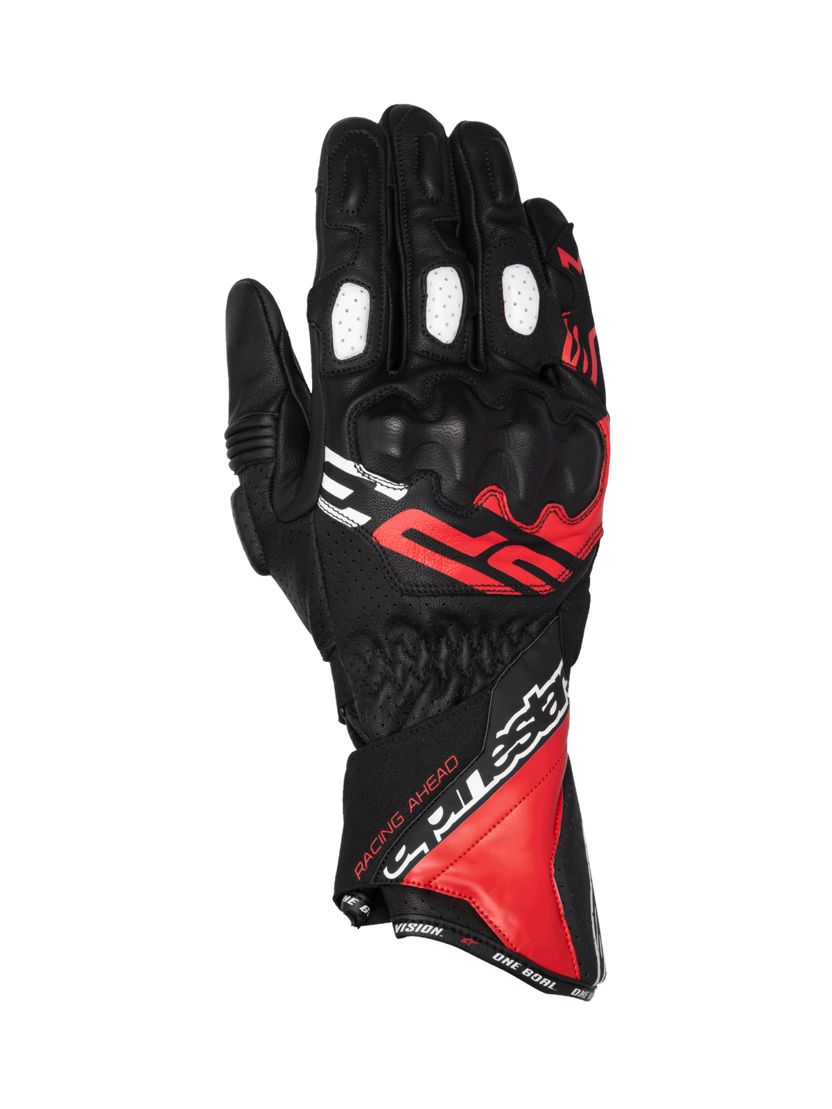 Alpinestars SP-3, męskie rękawice motocyklowe wyścigowe, czarno-czerwono-białe, skórzane z ochroną kostek i długim mankietem.