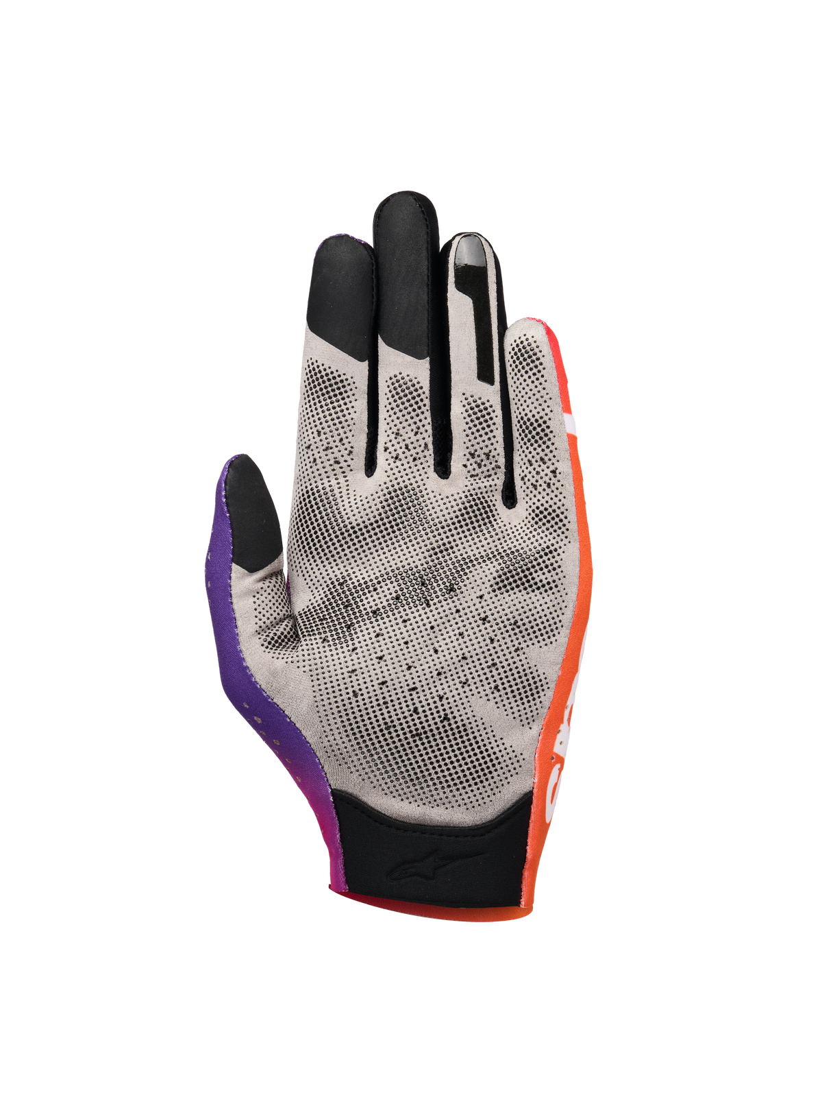 Alpinestars Sim Gloves Graphic 2, rękawice do simracingu, pomarańczowy neonowy, fioletowy i biały, widok dłoni prezentujący szarą tkaninę z czarnymi kropkami antypoślizgowymi 3D, opuszki palców kompatybilne z ekranami dotykowymi, krótki mankiet dla precyzji w wirtualnych wyścigach