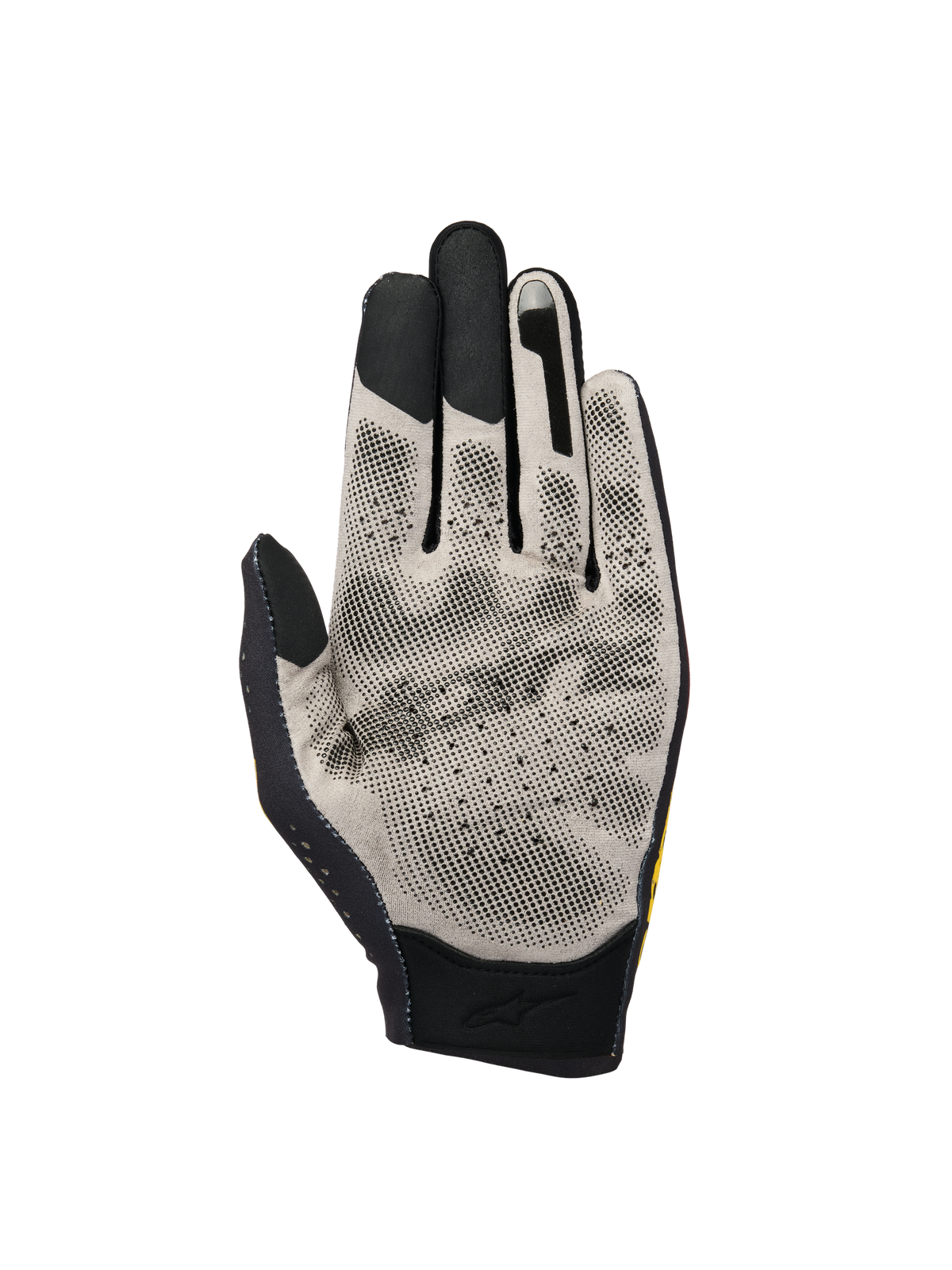 Alpinestars Sim Gloves Graphic 3, rękawice do sim racingu, widok od strony dłoni przedstawiający jasnoszarą tkaninę Nanofront® z czarnym kropkowanym wzorem 3D, końcówki palców kompatybilne z ekranami dotykowymi i oddychającą perforowaną konstrukcję do wirtualnych wyścigów.