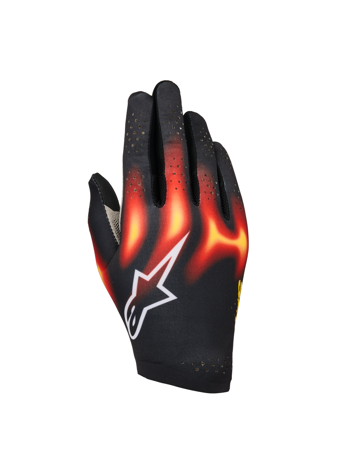 Alpinestars Sim Gloves Graphic 3, rękawice do sim racingu, czarne z jaskrawoczerwoną i ciepłożółtą grafiką płomieni, białe logo gwiazdy, perforowane palce dla lepszej wentylacji, lekka i elastyczna konstrukcja do wirtualnych wyścigów
