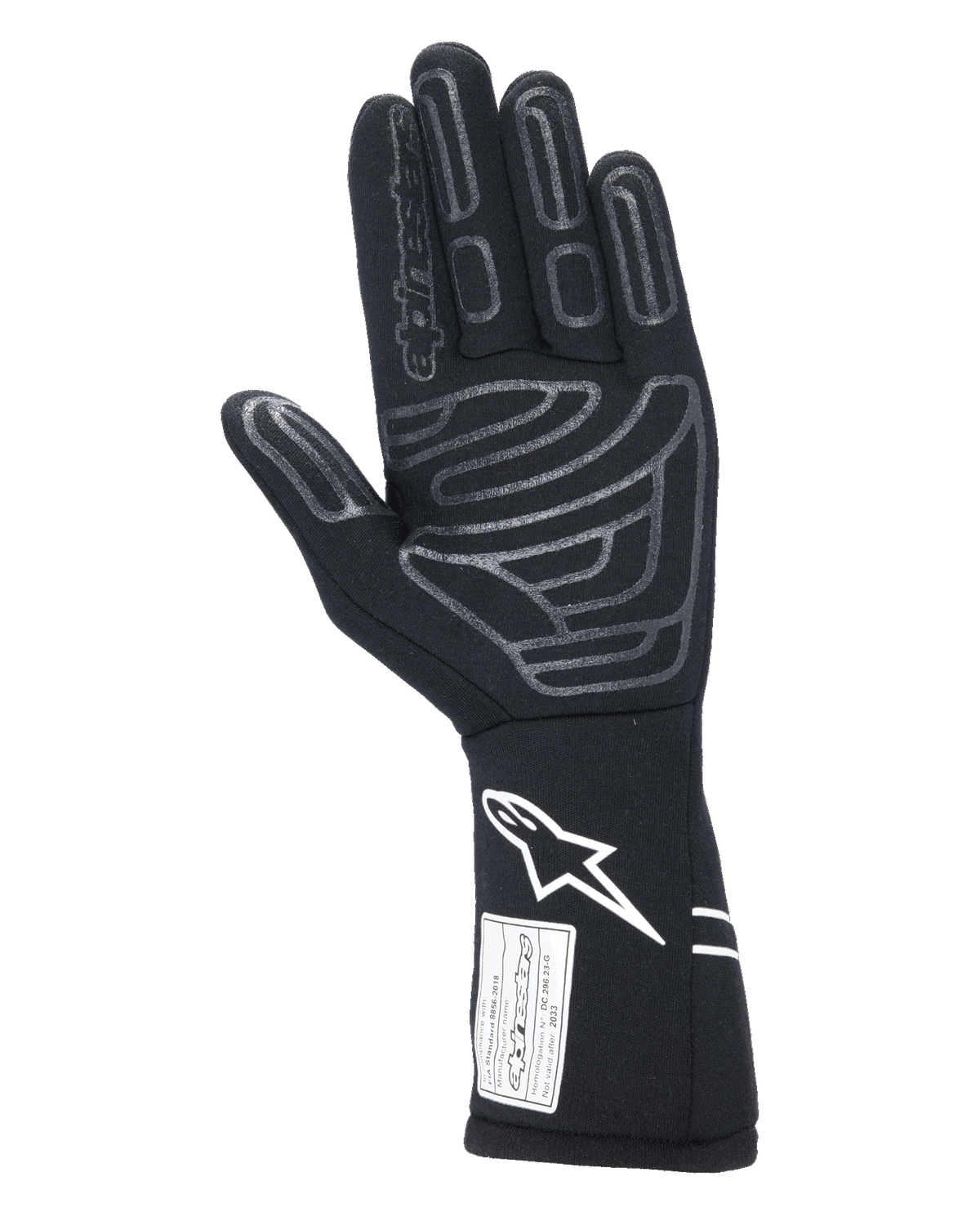 Alpinestars Tech-1 Start V4 Gloves FIA, czarne samochodowe rękawice wyścigowe, widok od strony dłoni z szarymi silikonowymi wzorami chwytnymi, białe logo na przedłużonym mankiecie, etykieta z certyfikatem FIA, profesjonalny sprzęt do sportów motorowych
