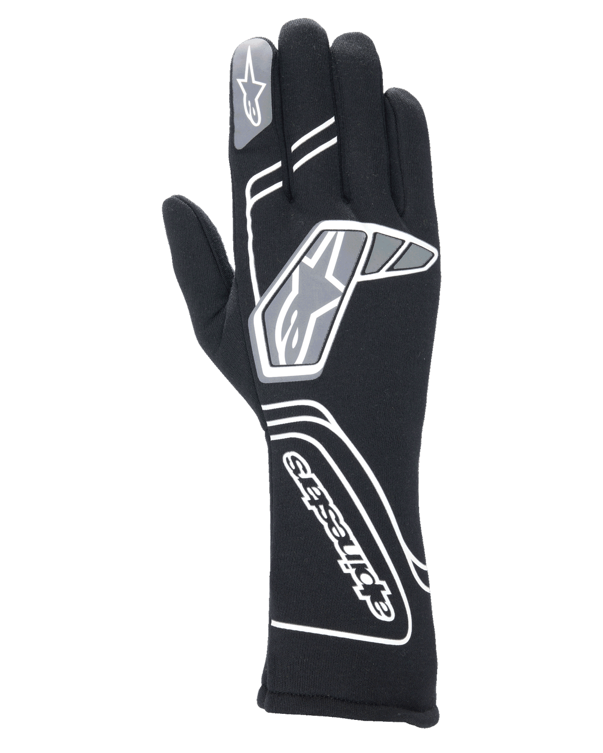 Alpinestars Tech-1 Start V4 Gloves FIA, profesjonalne rękawice wyścigowe w kolorze czarnym, z białymi i szarymi wzorami geometrycznymi i brandingiem Alpinestars, przedłużony mankiet zapewniający ochronę przed ogniem i wysoką temperaturą, lekka, wstępnie zakrzywiona konstrukcja do sportów motorowych