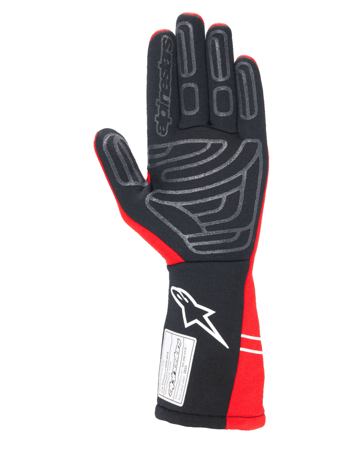 Alpinestars Tech-1 Start V4 Gloves FIA, rękawice samochodowe, czerwono-czarne, widok od wewnętrznej strony dłoni z szarymi silikonowymi wzorami, białe logo Alpinestars na przedłużonym mankiecie i etykieta certyfikacji FIA 8856-2018