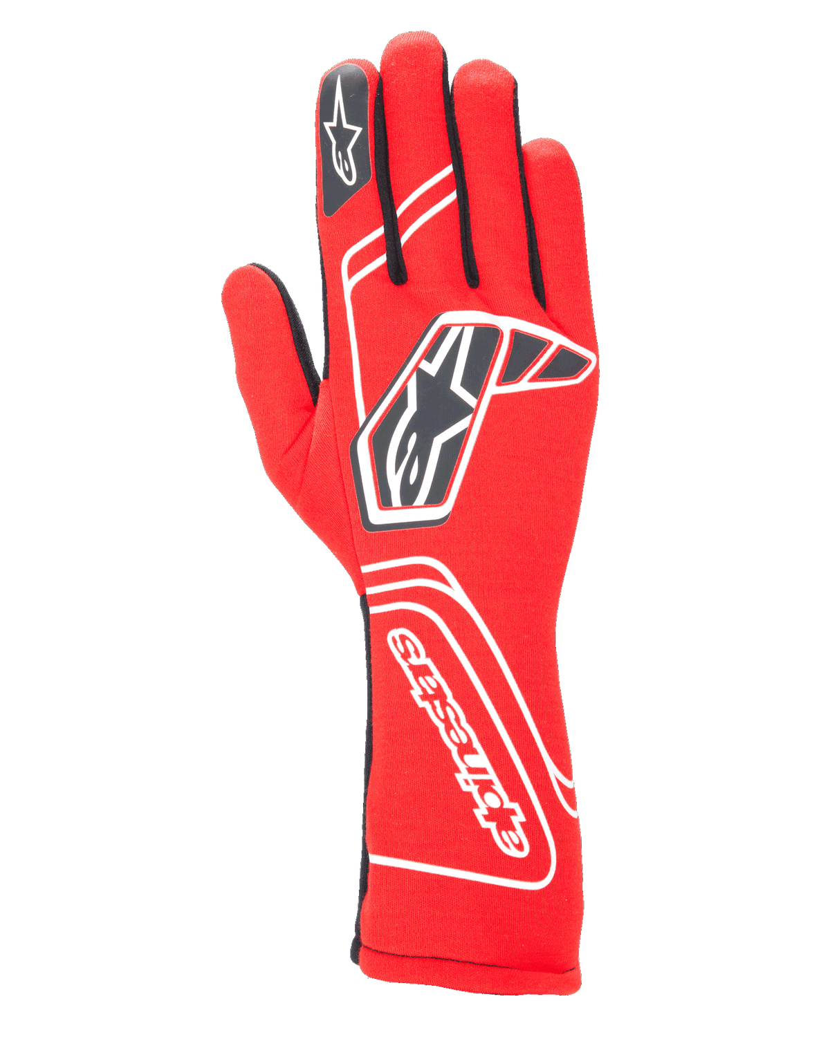 Alpinestars Tech-1 Start V4 FIA, rękawice wyścigowe, czerwone z czarnymi i białymi akcentami, wyraźne logo z gwiazdą na grzbiecie i nazwa marki na mankiecie, przedłużona konstrukcja mankietu, profesjonalny sprzęt do sportów motorowych