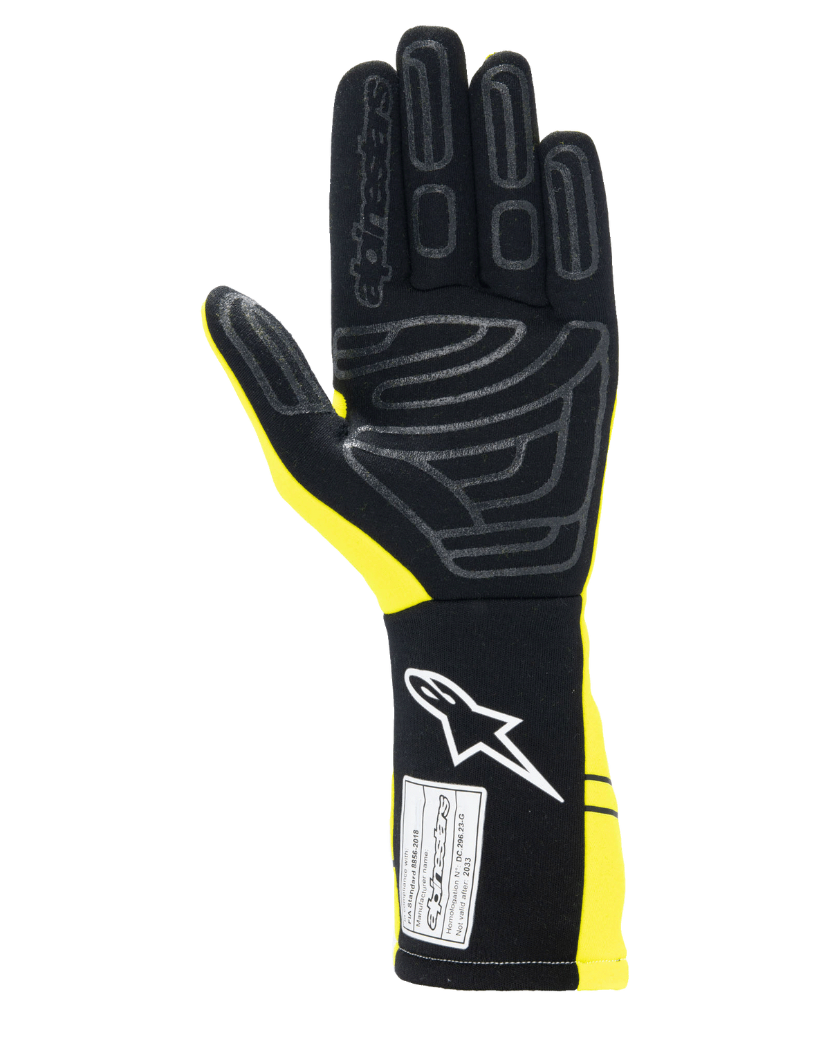 Alpinestars Tech-1 Start V4 Gloves FIA, Auto Racing Gloves, Yellow Fluo and Black, palm view featuring silicone grip patterns, extended cuff with white logo and FIA certification label