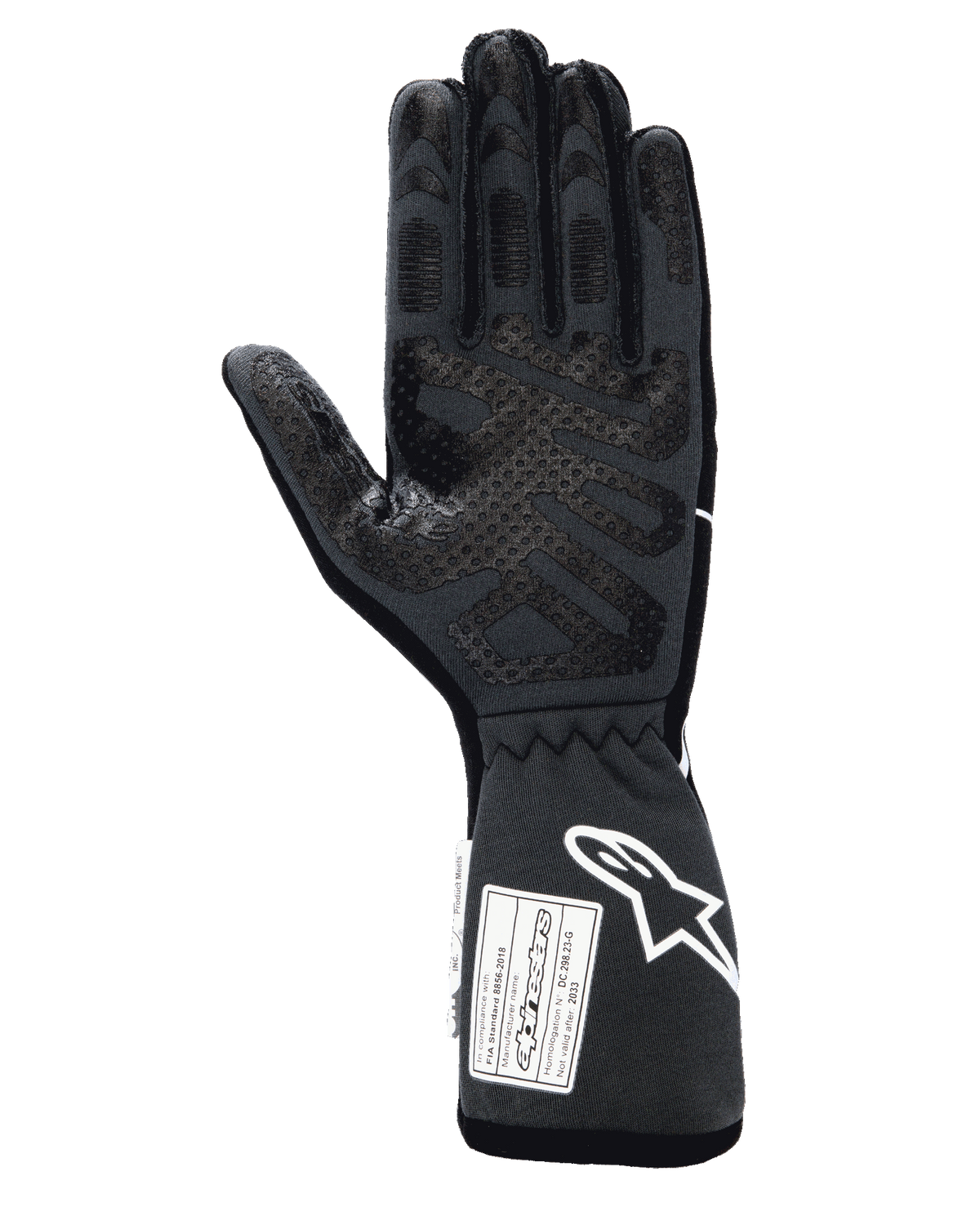 Rękawice Alpinestars Tech-1 Race V4, profesjonalne rękawice wyścigowe, czarno-szare (Black Tar Gray), widok od strony dłoni z silikonowym wzorem poprawiającym chwyt na palcach i wnętrzu dłoni, przedłużony mankiet z białym logo Alpinestars oraz certyfikatami FIA/SFI