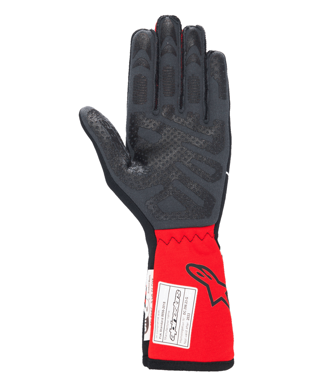 Alpinestars Tech-1 Race V4 Gloves, samochodowe rękawice wyścigowe, czarno-czerwone, widok od strony dłoni podkreślający silikonowe wzory przyczepne na palcach i dłoni, przedłużony czerwony mankiet z logo Alpinestars i etykietą certyfikacji FIA, profesjonalny sprzęt do sportów motorowych
