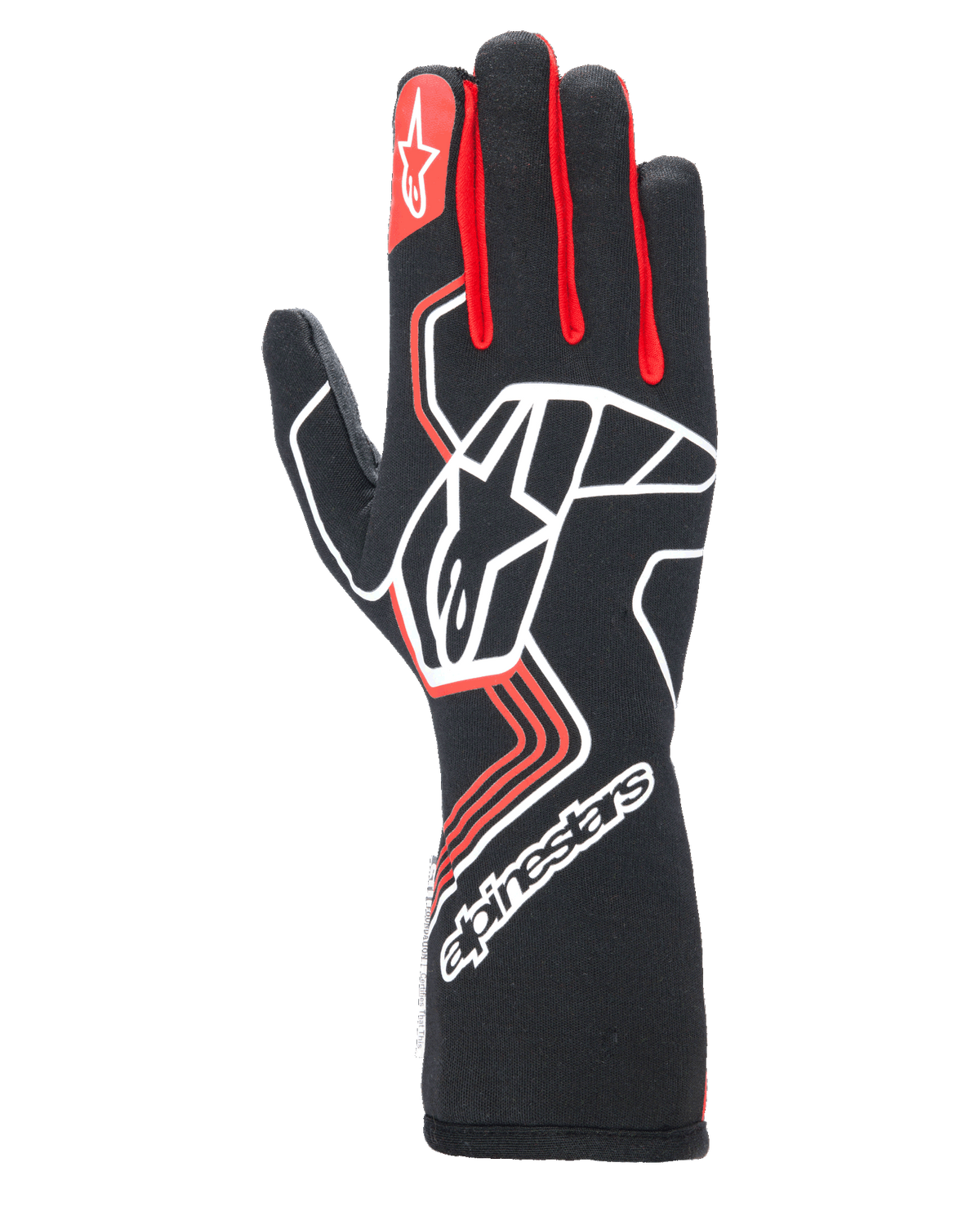 Alpinestars Tech-1 Race V4 Gloves, rękawice wyścigowe, czarne z czerwonymi i białymi akcentami, duże białe logo gwiazdy na wierzchu dłoni, czerwone kliny między palcami, białe logo na przedłużonym mankiecie i geometryczne wzory