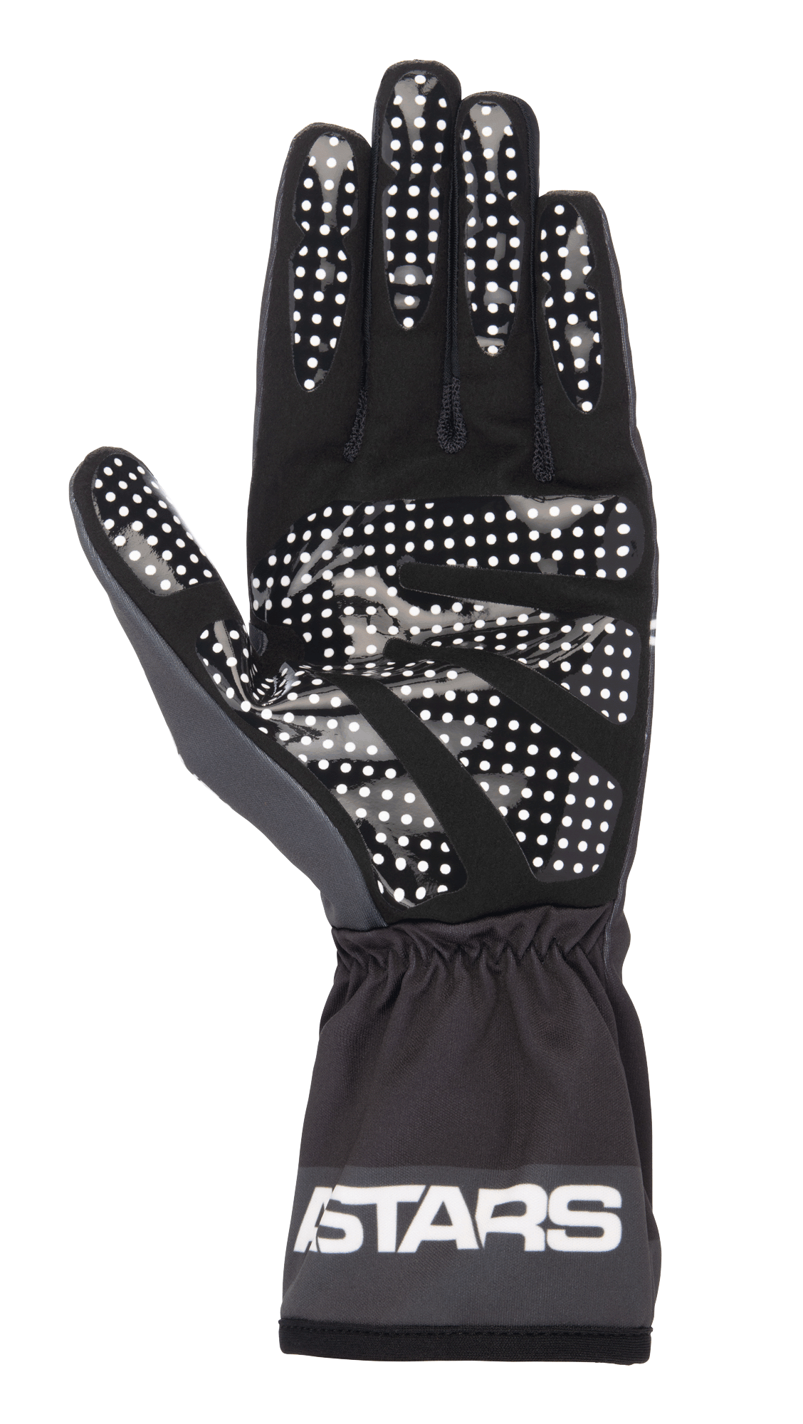 Alpinestars Tech-1 K Race V2 One Vision Gloves, rękawice kartingowe, czarne i ciemnoszare, widok od strony dłoni z białym kropkowanym wzorem silikonowym, elastyczny mankiet z logo ASTARS, lekki sprzęt kartingowy