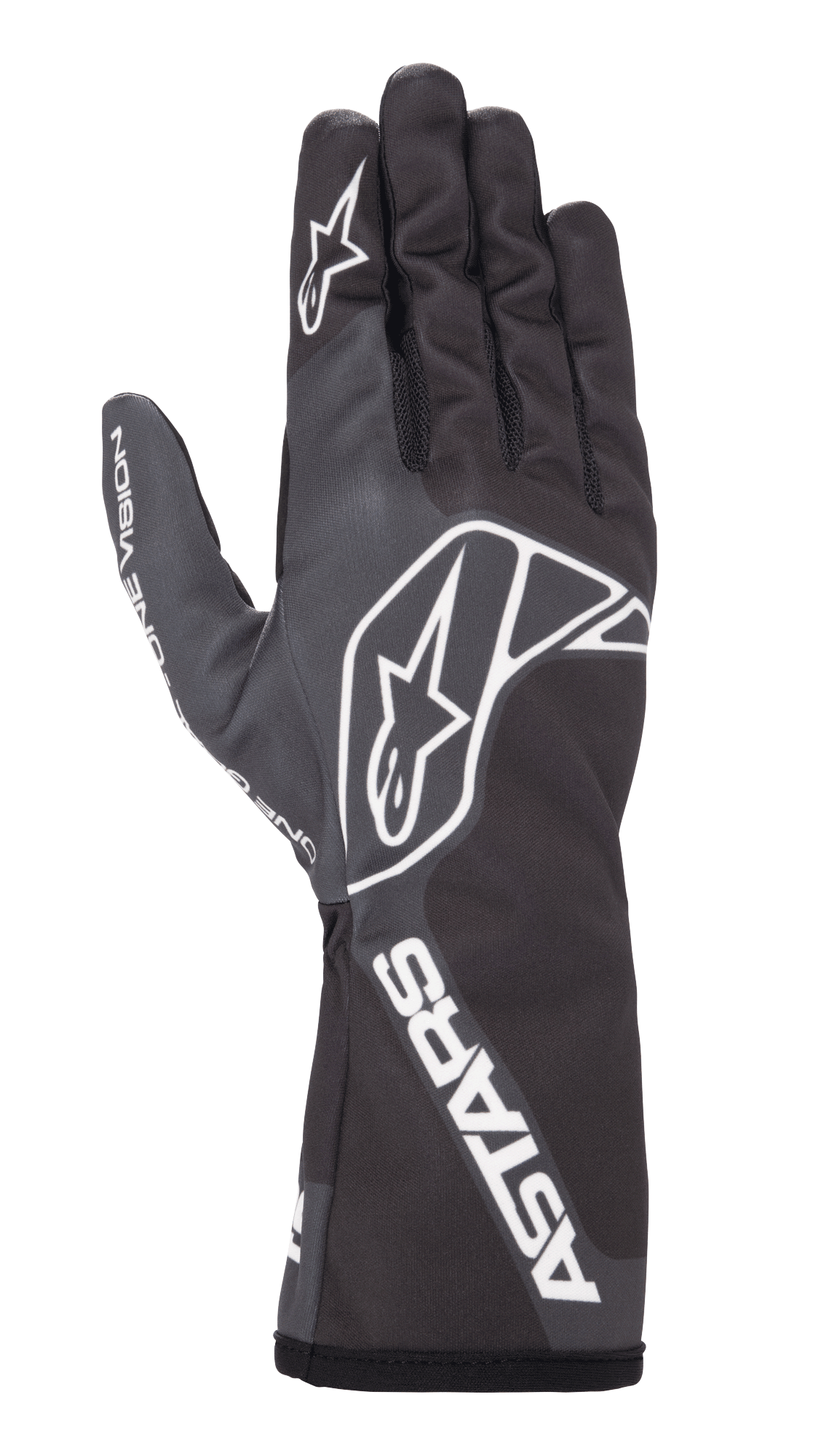 Rękawice Alpinestars Tech-1 K Race V2 One Vision, rękawice kartingowe, czarno-szare, z białym logo gwiazdy na grzbiecie i palcu, brandingiem ASTARS na mankiecie, smukły design z długim mankietem