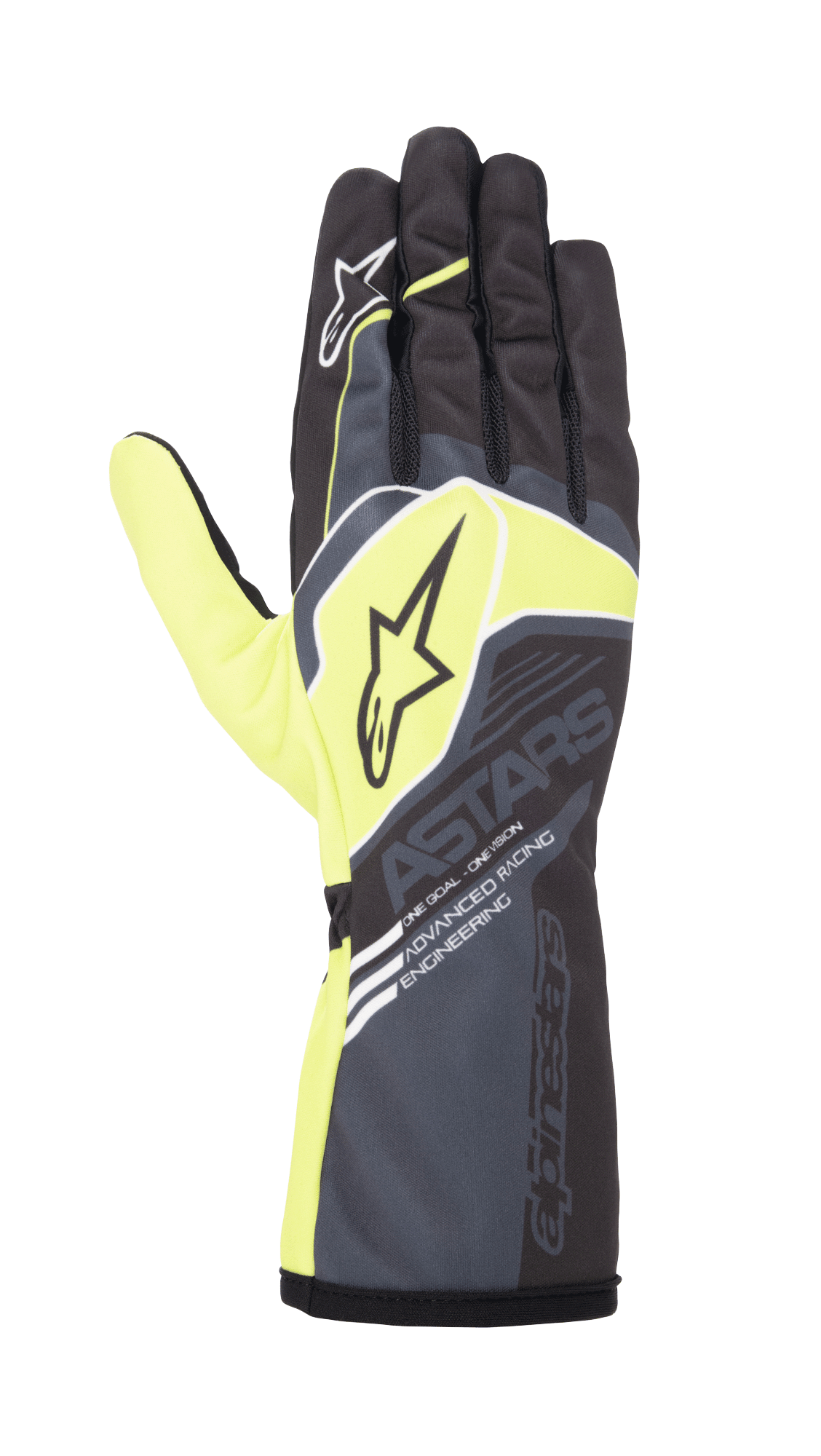 Alpinestars Youth Tech-1 K Race S V2 Corporate Gloves, Karting Racing Gloves, Anthracite and Lime Green, featuring star logos and 'ASTARS' branding, long gauntlet cuff with 'Advanced Racing Engineering' text, performance racing design for youth drivers