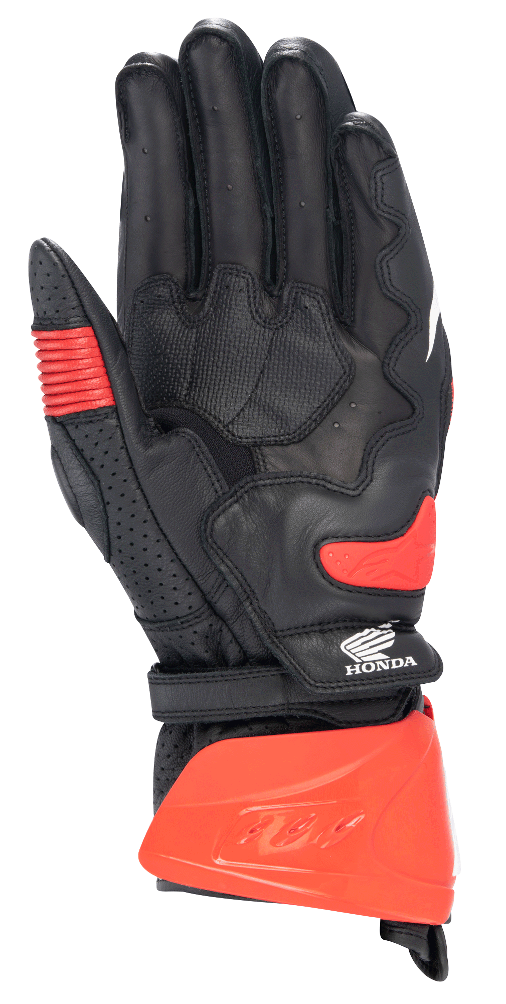 Alpinestars Honda GP Pro R3 Gloves, sportowe rękawice wyścigowe z mankietem, czarne i jaskrawoczerwone, widok od strony dłoni z czerwonym twardym ochraniaczem mankietu, ślizgaczem dłoni i logo Honda, profesjonalny sprzęt do wyścigów motocyklowych