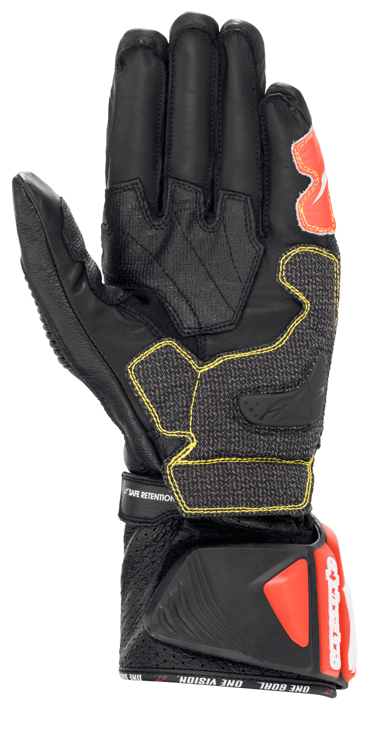Rękawice Alpinestars GP Tech V2, czarno-biało-czerwone fluo, widok od strony dłoni przedstawiający konstrukcję z czarnej skóry z żółtymi kontrastowymi szwami, ochronny mankiet DFS z czerwonymi akcentami, profesjonalny wyścigowy sprzęt motocyklowy