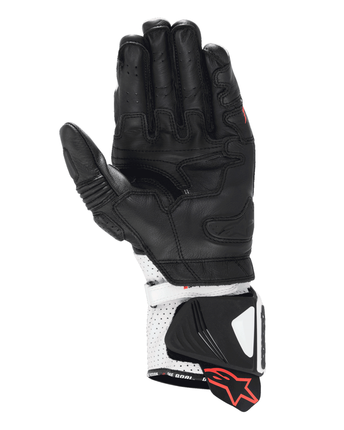 Alpinestars GP Pro R4 Gloves, sportowe rękawice wyścigowe, czarno-białe, widok od strony dłoni przedstawiający konstrukcję z wysokiej jakości skóry, perforowany mankiet z twardymi ślizgaczami i czerwone akcenty z logo